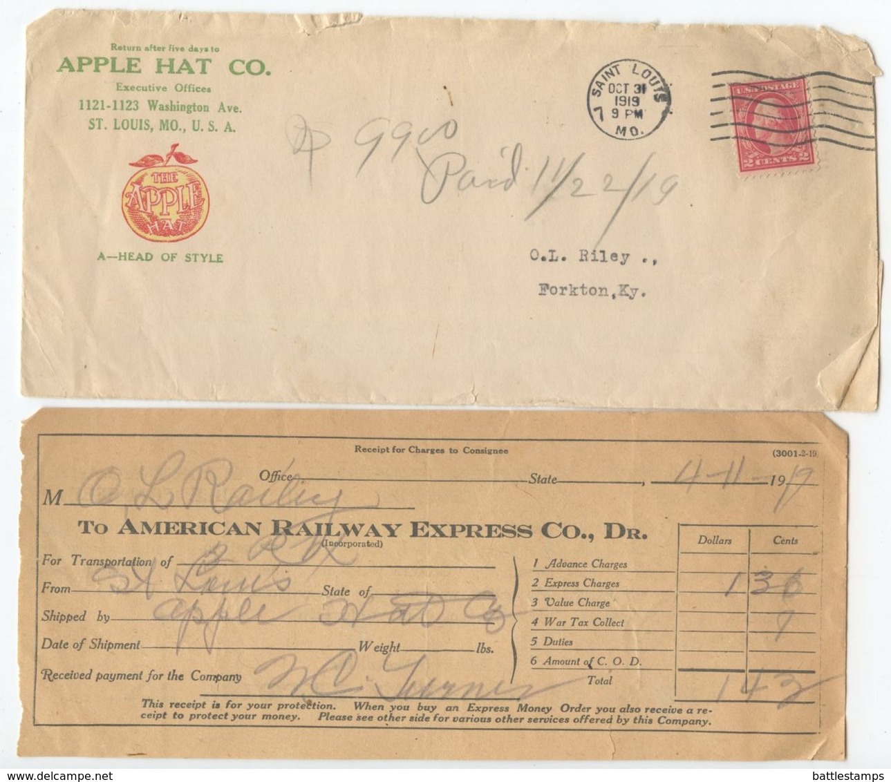 United States 1919 Advert Cover & Invoice St. Louis MO Apple Hat Co To Forkton KY - Brieven En Documenten