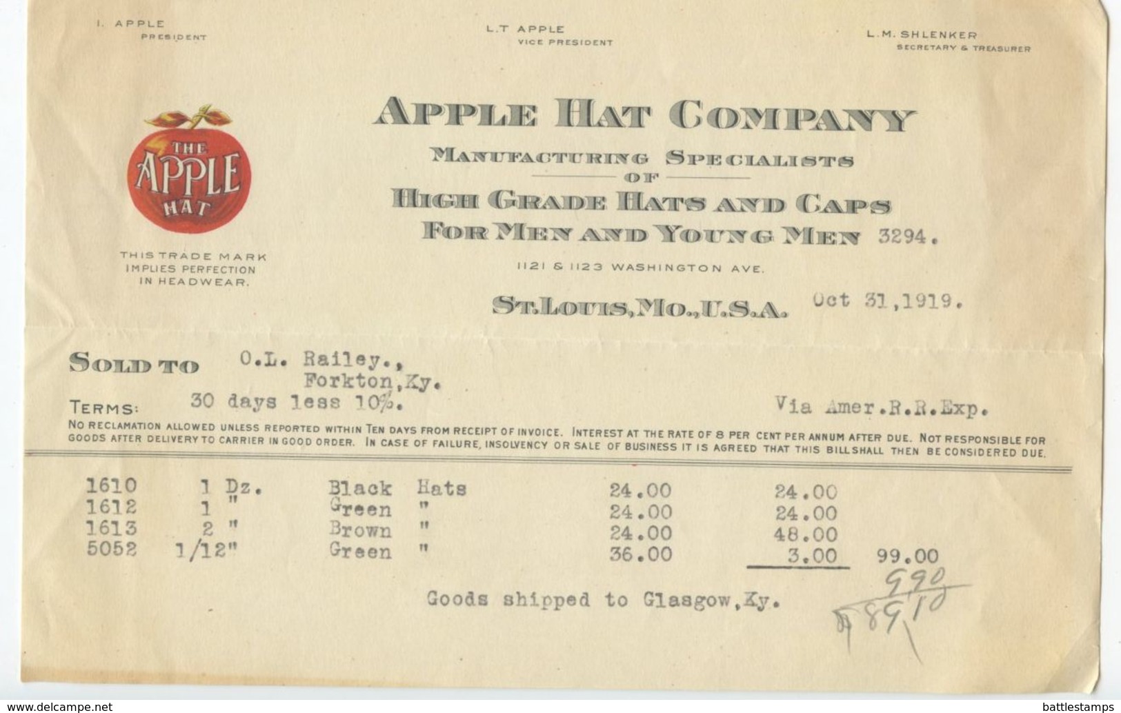United States 1919 Advert Cover & Invoice St. Louis MO Apple Hat Co To Forkton KY - Brieven En Documenten