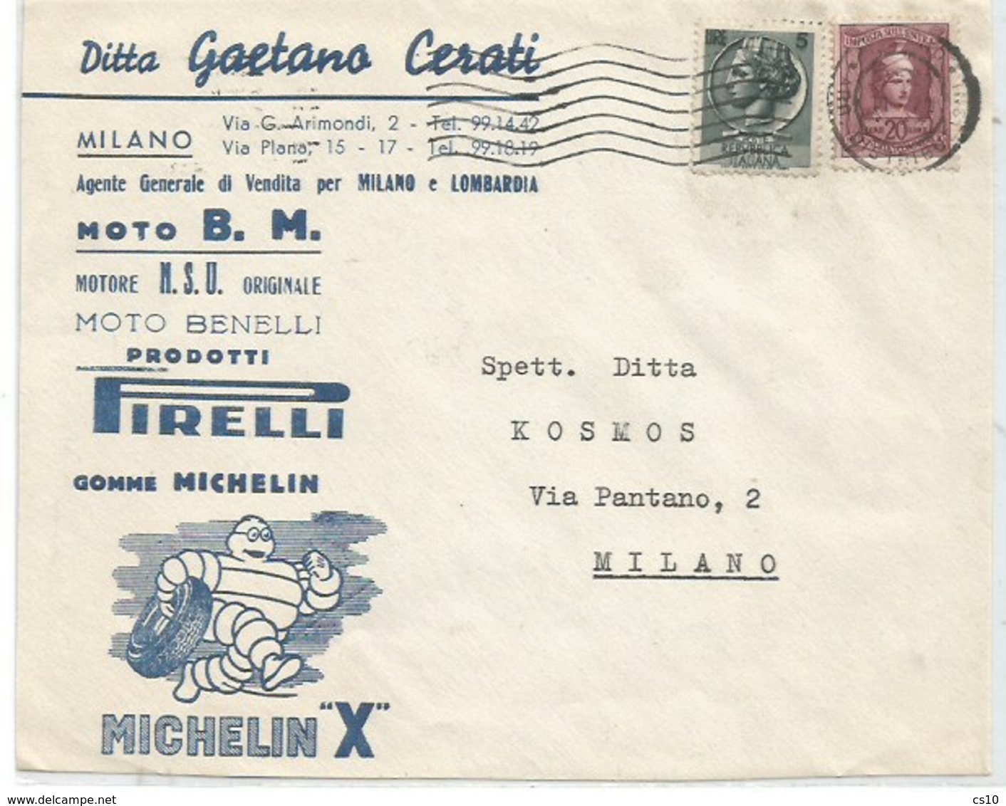 Mezza Marca IGE L.20 + Turrita L.5 Fronte Busta Milano 11ago1957 X Città - Michelin Benelli Moto NSU Pirelli - Fiscali