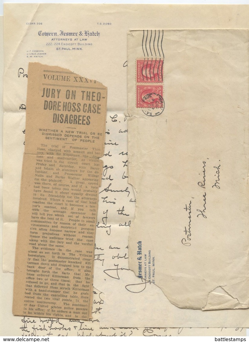 United States 1919 Cover & Letter St Paul MN To Three Rivers MI Postmaster - Brieven En Documenten