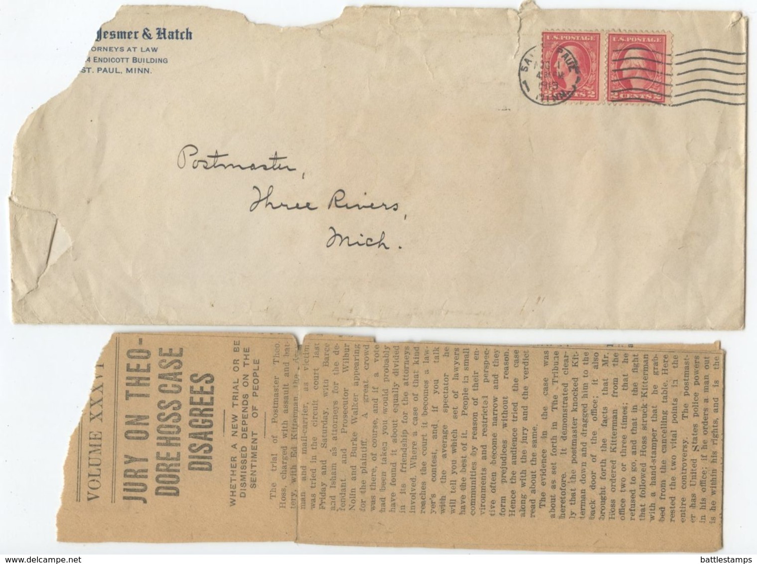 United States 1919 Cover & Letter St Paul MN To Three Rivers MI Postmaster - Lettres & Documents