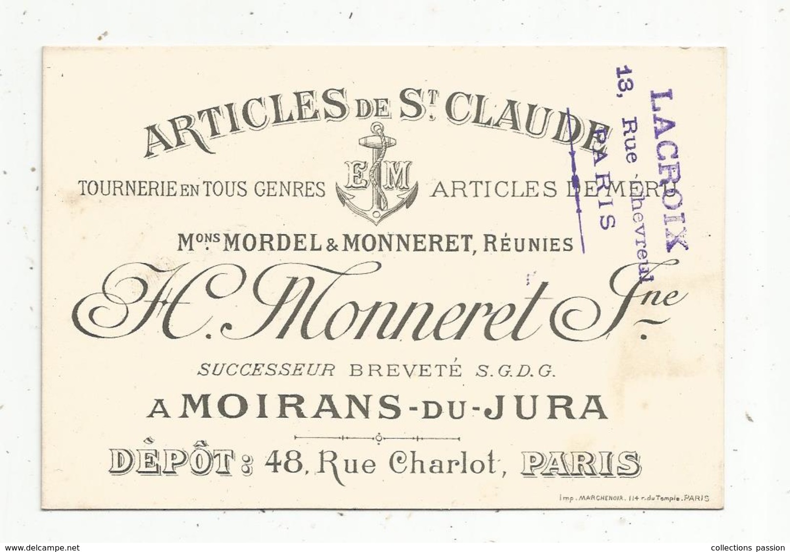 Carte De Visite , Articles De St Claude ,H. Monneret Jeune ,MOIRANS DU JURA ,dépot : Paris - Cartes De Visite