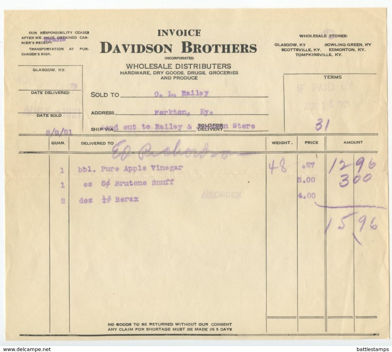 United States 1921 Cover & Invoice Glasgow Kentucky, Davidson Brothers - Lettres & Documents