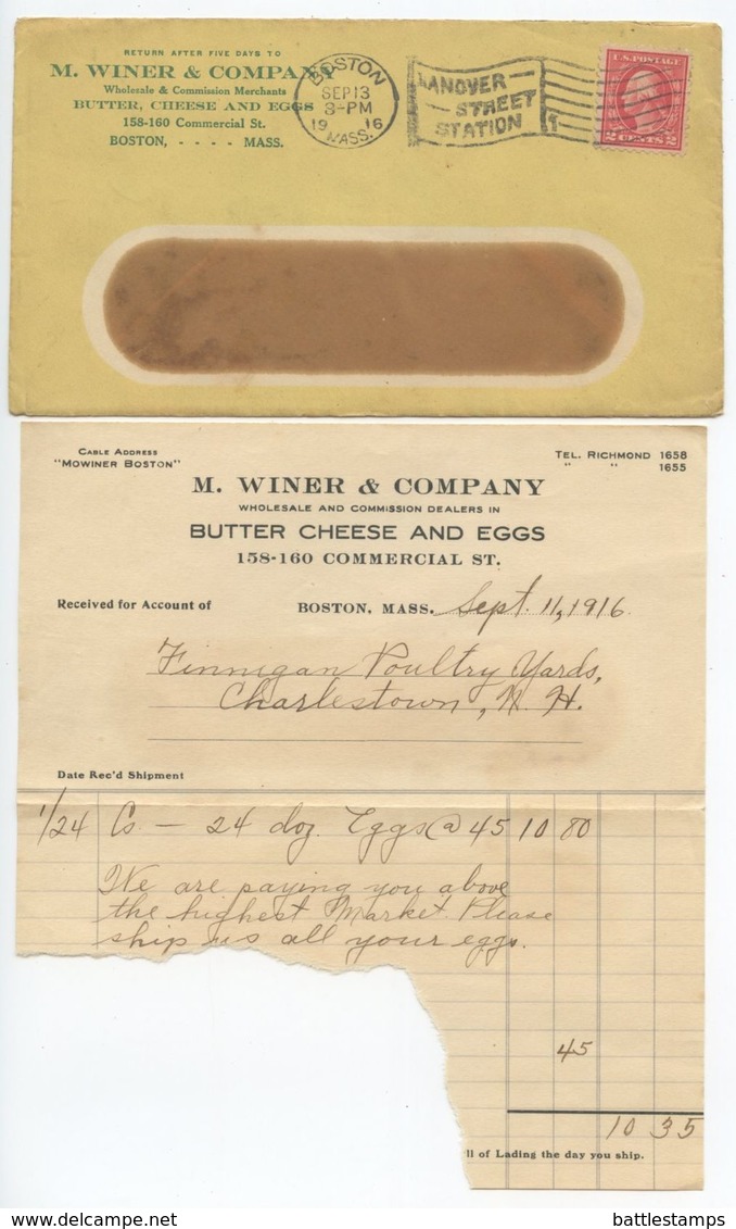 United States 1916 Cover & Invoice Boston MA, M Winer & Co To Charlestown NH - Lettres & Documents