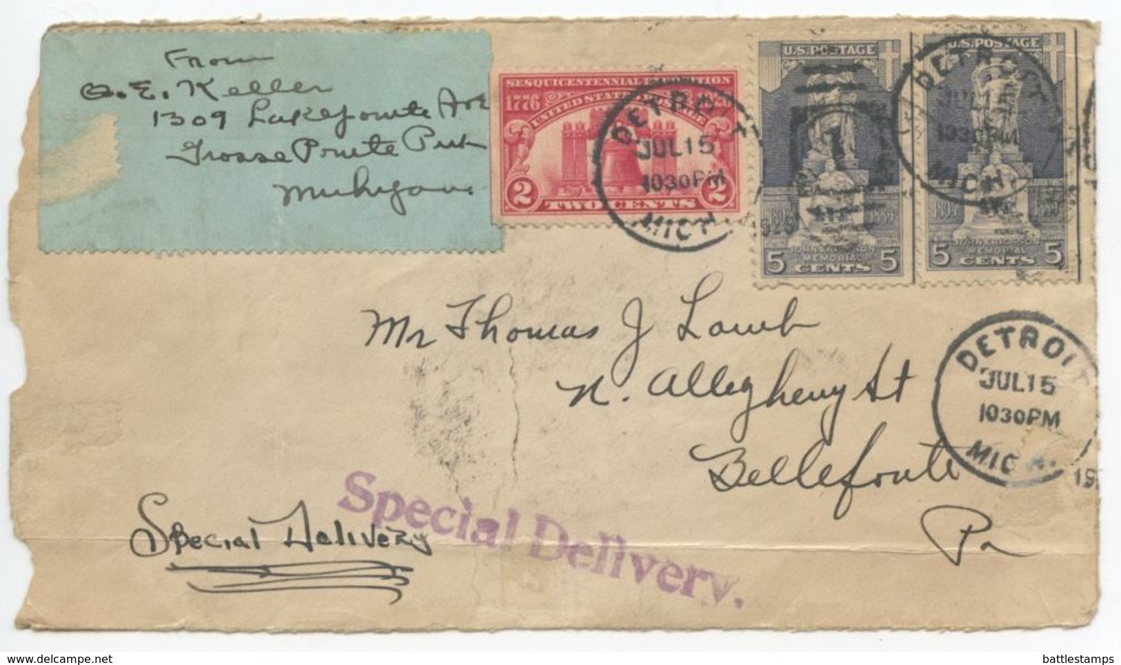 United States 1926 Special Delivery Cover Detroit MI To Bellefonte PA, Scott 627 & 628 - Brieven En Documenten