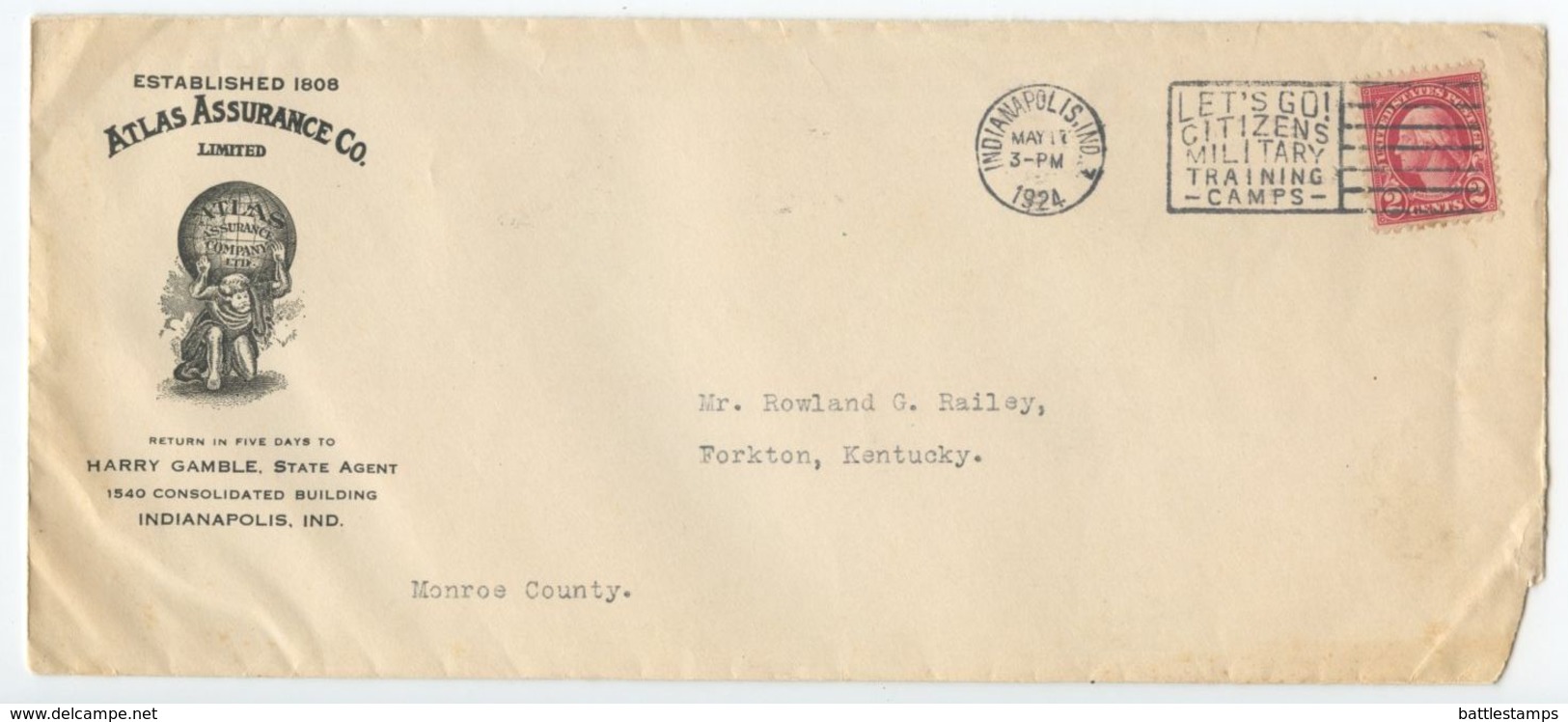 United States 1924 Cover & Letter Indianapolis IN, Atlas Assurance Co To Forkton KY - Brieven En Documenten