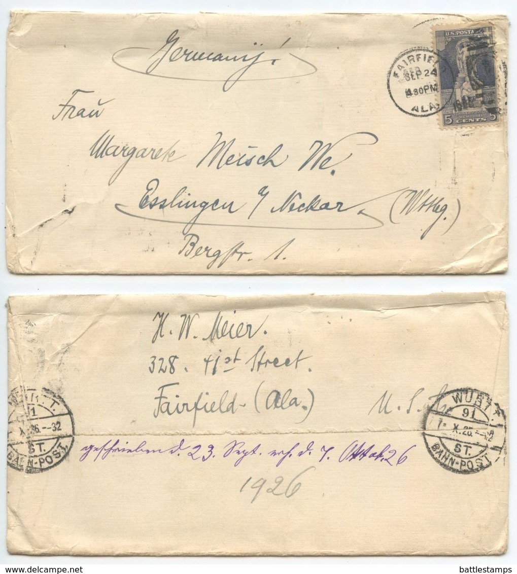 United States 1926 Cover Fairfield Alabama To Esslingen Germany, Scott 628 Ericsson - Brieven En Documenten