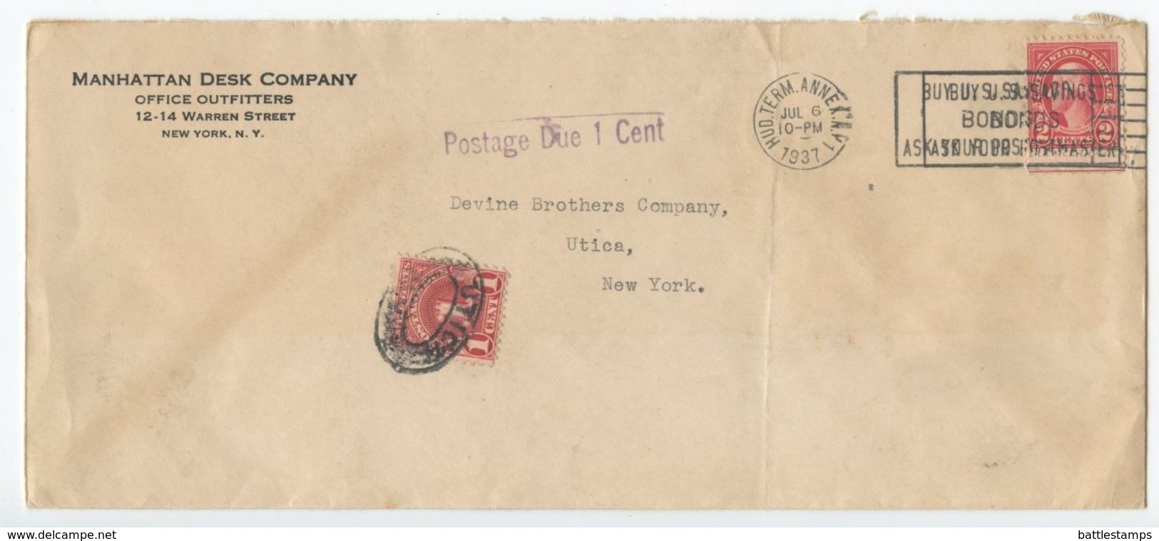 United States 1937 Cover New York NY To Utica NY, Postage Due - Lettres & Documents