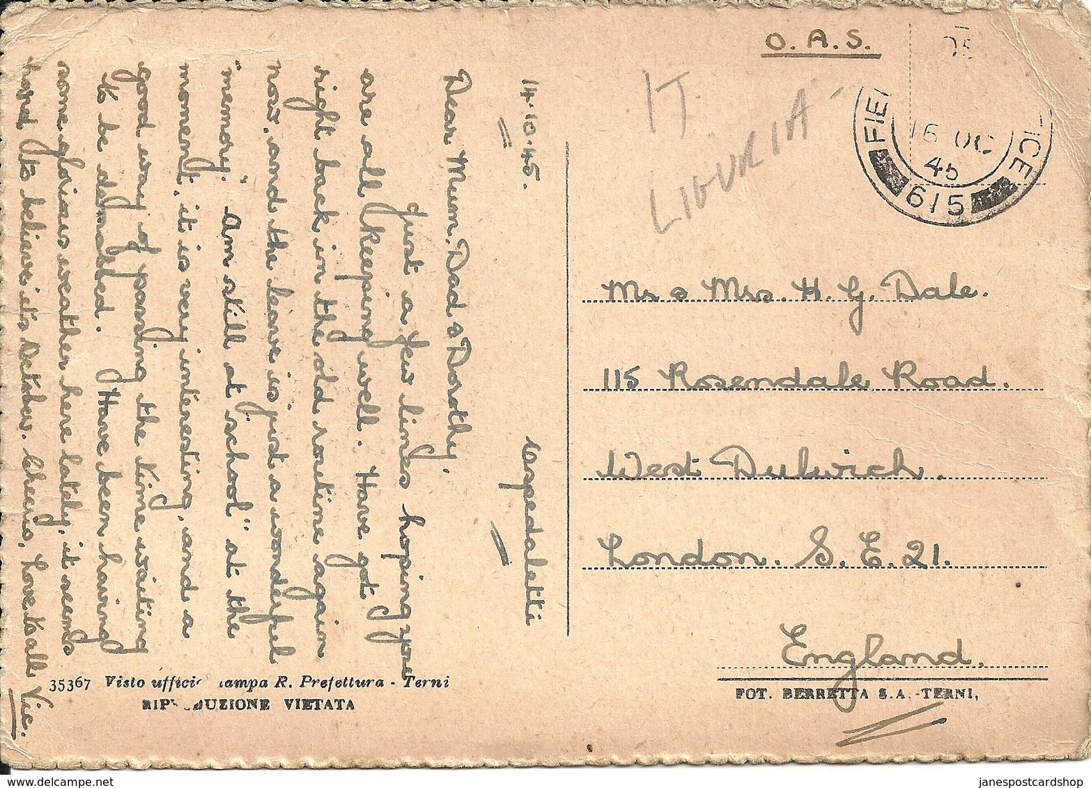 OSPEDALETTI - VIALE REGINA MARGHERITA - LIGURIA 1945 With Military Message - San Remo