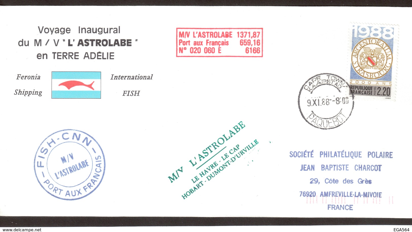 B2 - TAAF Timbre France 9.11.1988 CAPE TOWN PAQUEBOT. 1ère Rotation De " L'ASTROLABE" - Lettres & Documents