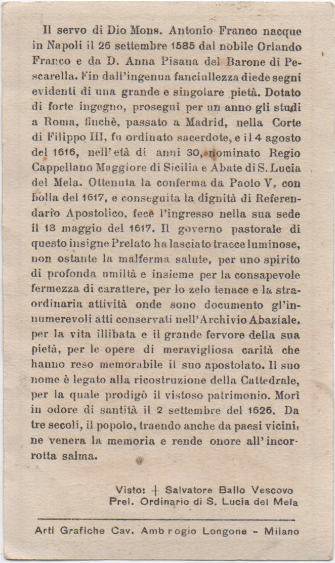 Santino Del Servo Di Dio Mons. Antonio Franco (Napoli 1585 - Santa Lucia Del Mela, Messina 1626) - Santini