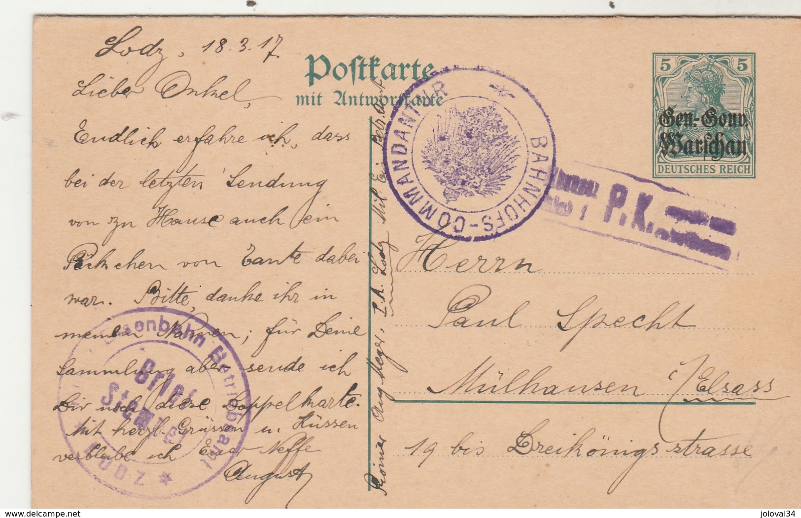 Pologne Entier Postal Avec Réponse LODZ 18/3/1917 Pour  Mulhausen Mulhouse Alsace Cachet Censure Bahnhofs Commandantur - Covers & Documents