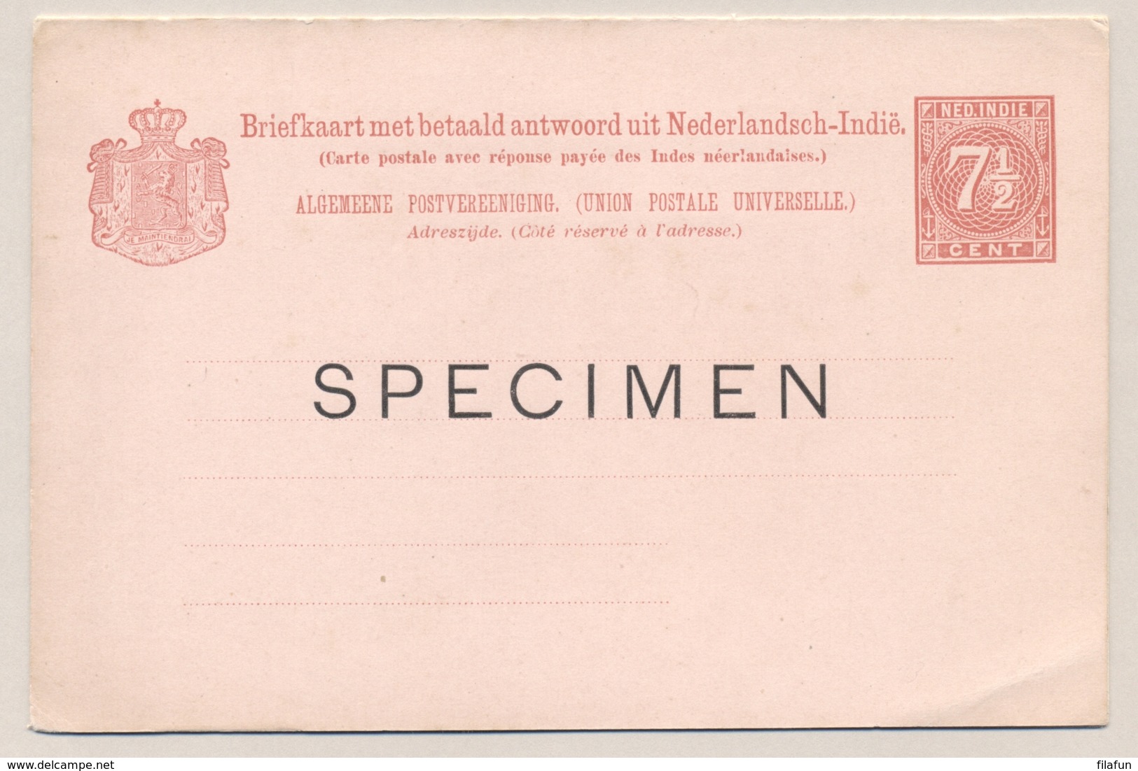 Nederlands Indië - 1892 - 7,5+7,5 Cent Cijfer, Briefkaart G13 Met SPECIMEN Opdruk - Ongebruikt - Nederlands-Indië