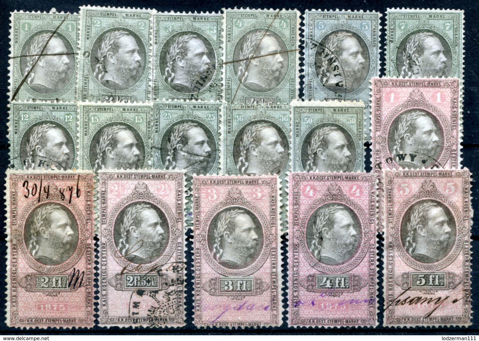 AUSTRIA 1875 - 17 Revenue Stamps 1Kr-10 Fl (all VF) - Steuermarken