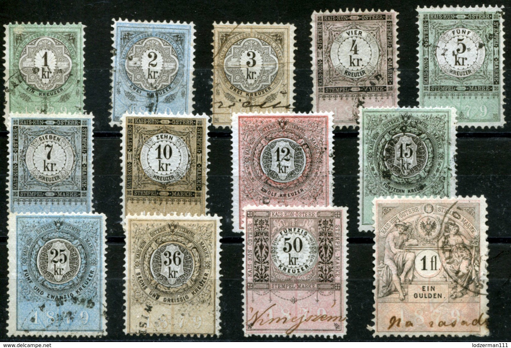 AUSTRIA 1879 - 13 Revenue Stamps 1Kr-1 Fl - Fiscales