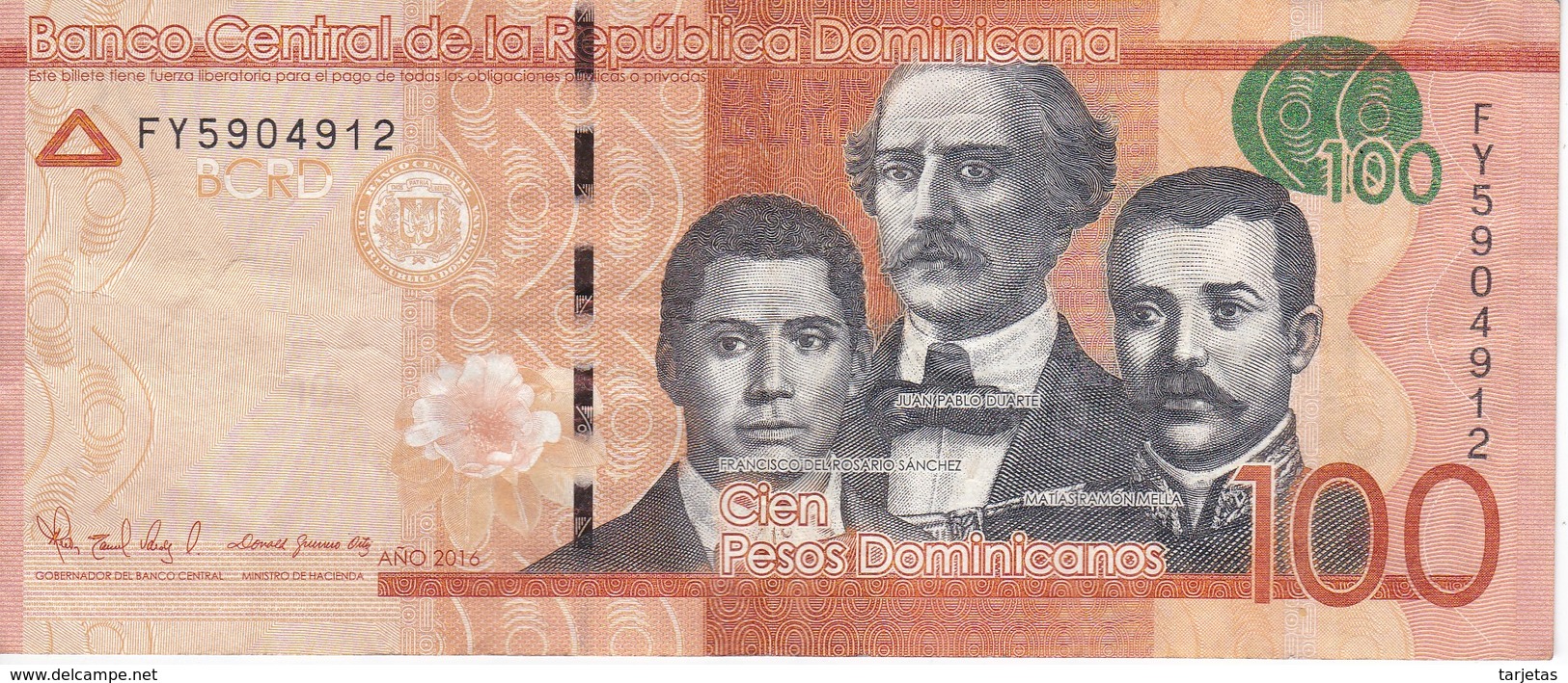 BILLETE DE REP. DOMINICANA DE 100 PESOS ORO DEL AÑO 2016 SERIE FY (BANKNOTE) - Dominicaine