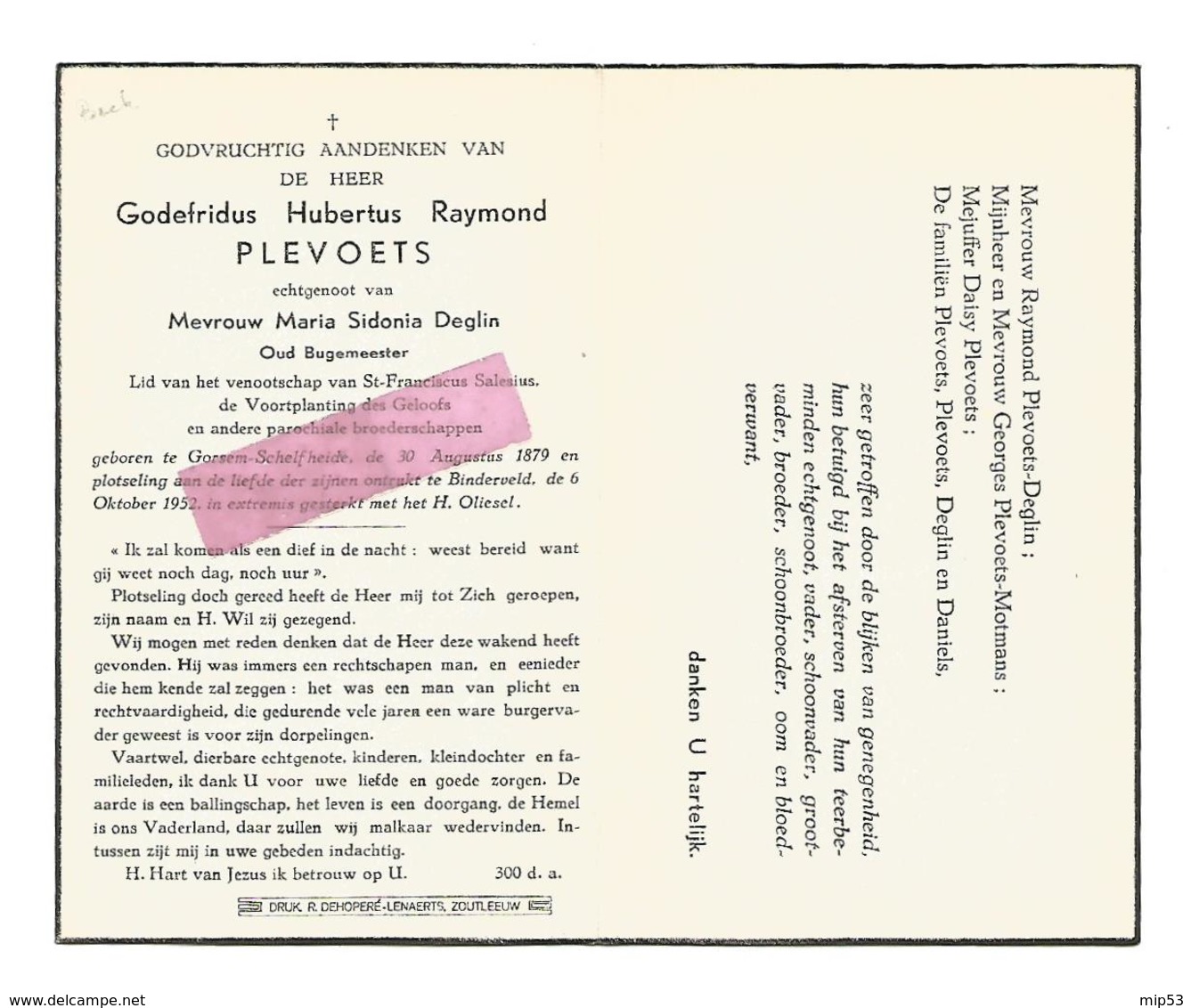 D 476. GODEFRIDUS PLEVOETS - Oud Burgemeester - ° GORSEM-SCHELFHEIDE 1879 / + BINDERVELD 1952 - Images Religieuses