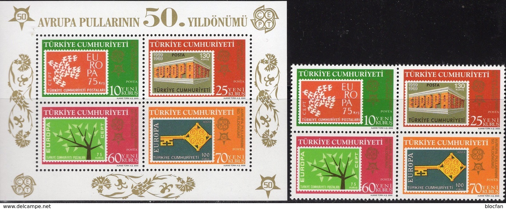 CEPT 2006 Türkei 3495/8 VB+Block 59 ** 20€ Bloques S/s Stamps On Stamp Hojita Blocs Bf Topic Sheets 50 Years EUROPA - 2005