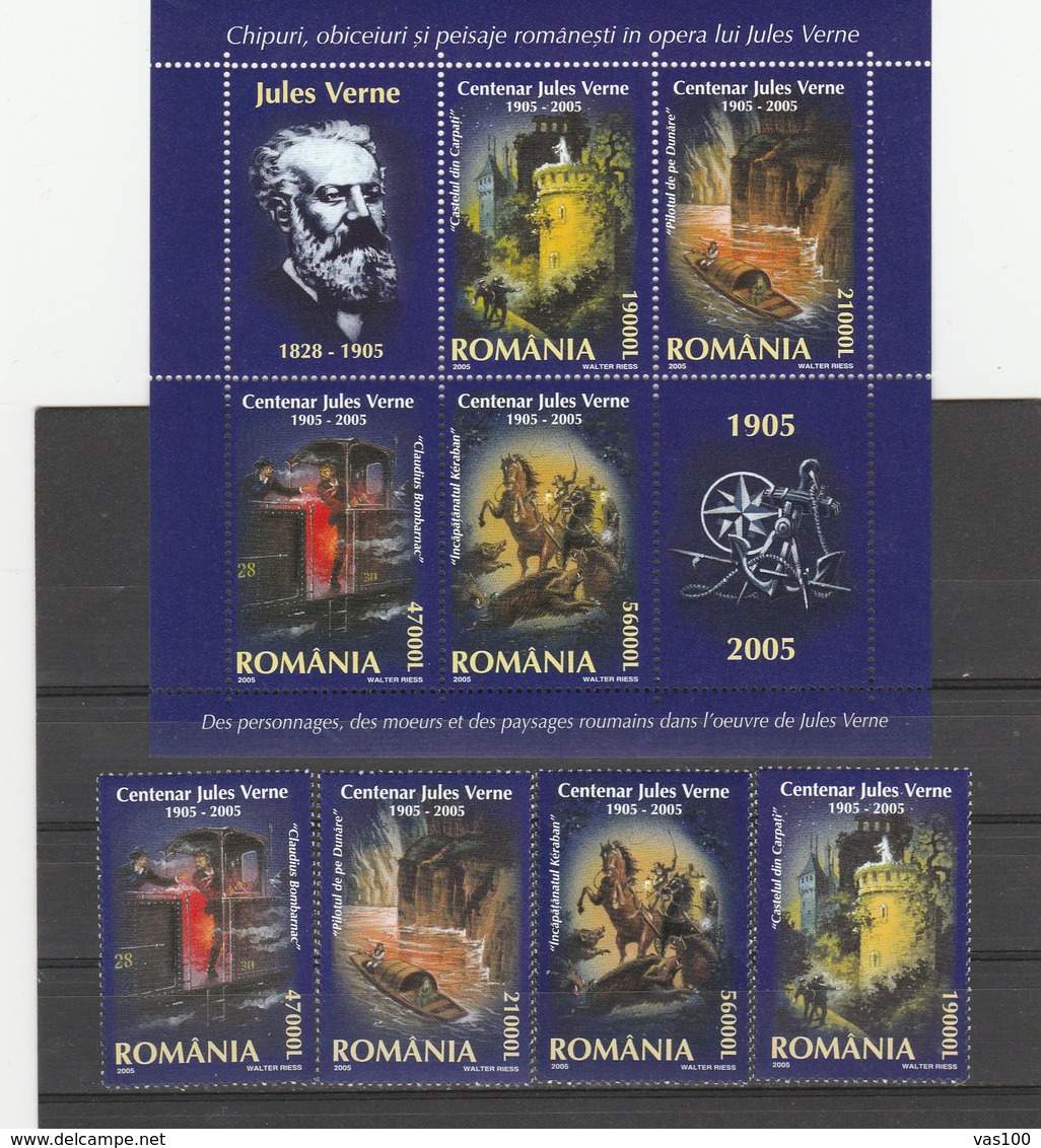 JULES VERNE,WRITERS,BLOCK + FULL STAMPS,2005,MNH,ROMANIA. - Ecrivains