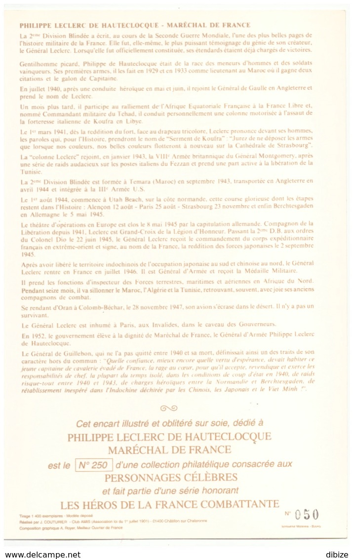 France. 3 Timbres. Cachet 1er Jour. 1997. Sur Encart De Soie Dédié Au Maréchal Ph. Leclerc De Hauteclocque. - Guerre Mondiale (Seconde)