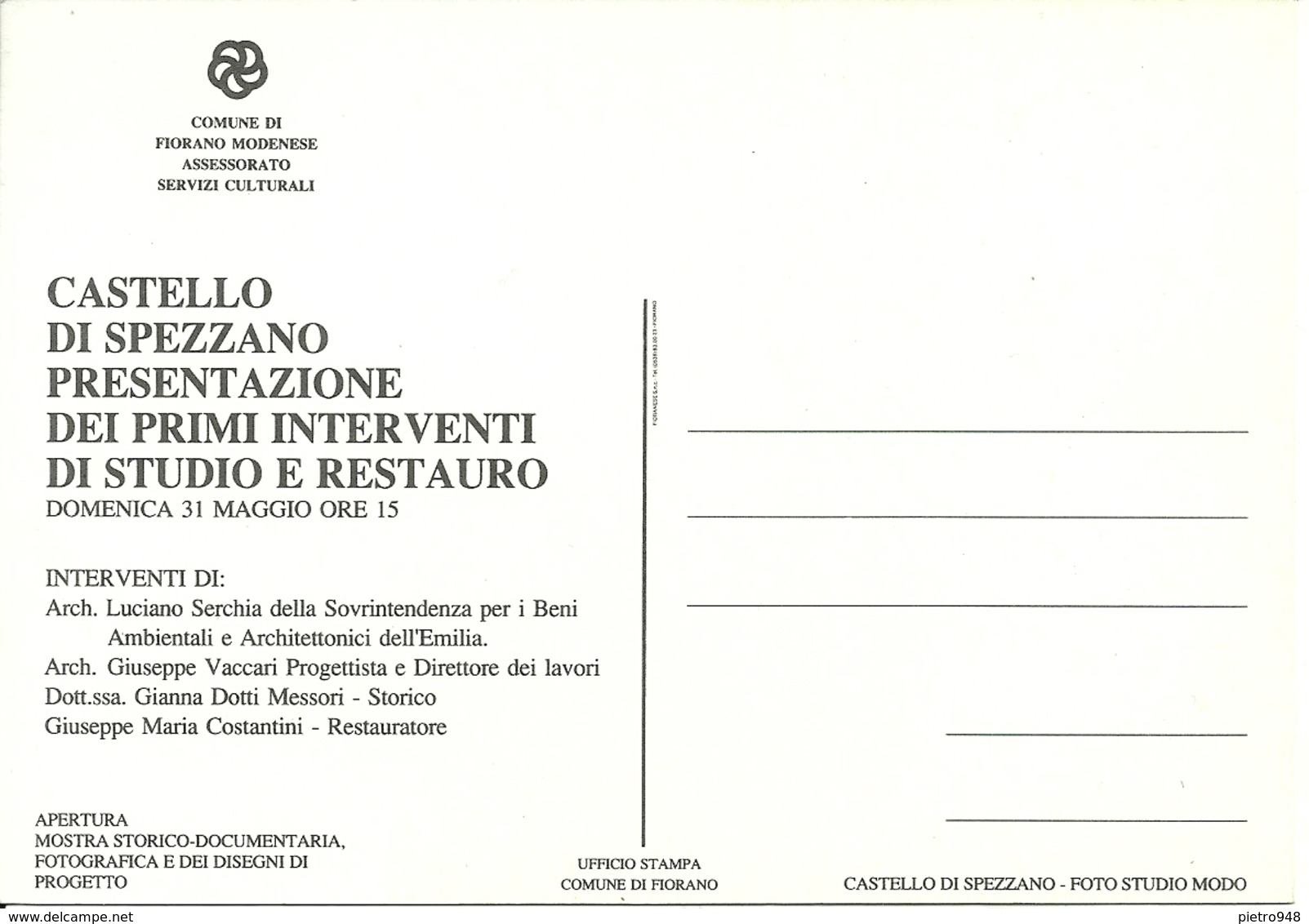 Fiorano Modenese (MO) Torrione E Affreschi Castello Spezzano "Presentaz. Interventi Studio/Restauro" 1987, 2 Cartoline - Modena