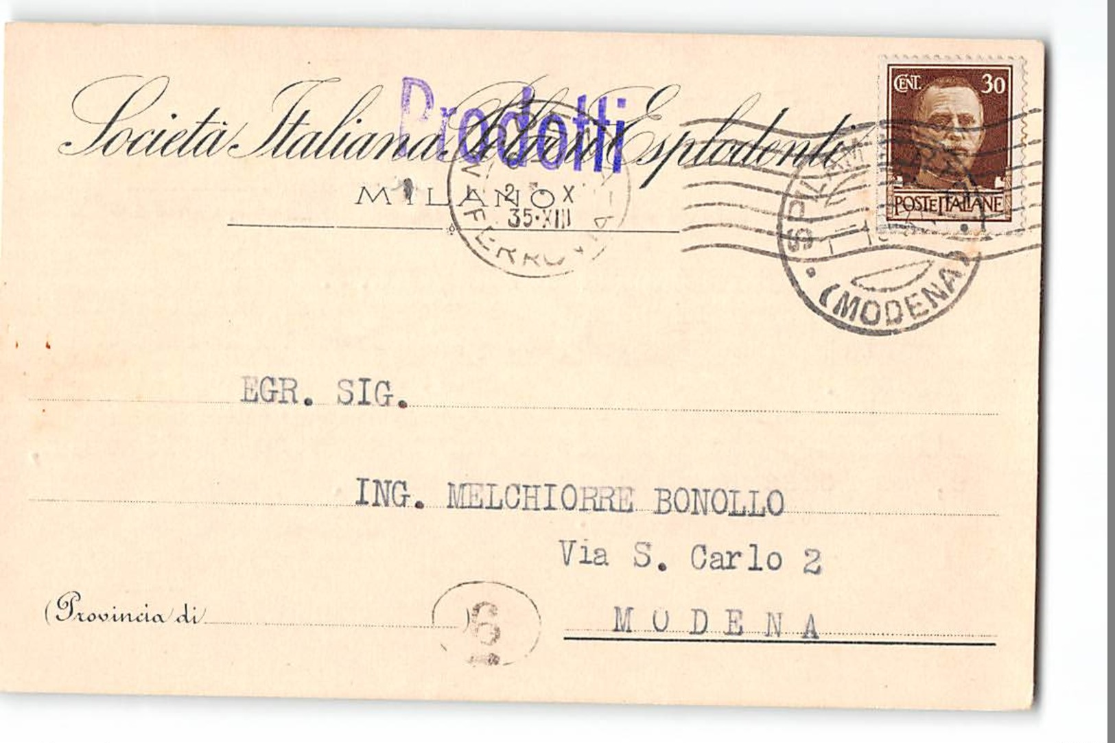 AG-B171 01 SOC. ITALIANA PRODOTTI ESPLODENTI MILANO X MODENA - Storia Postale