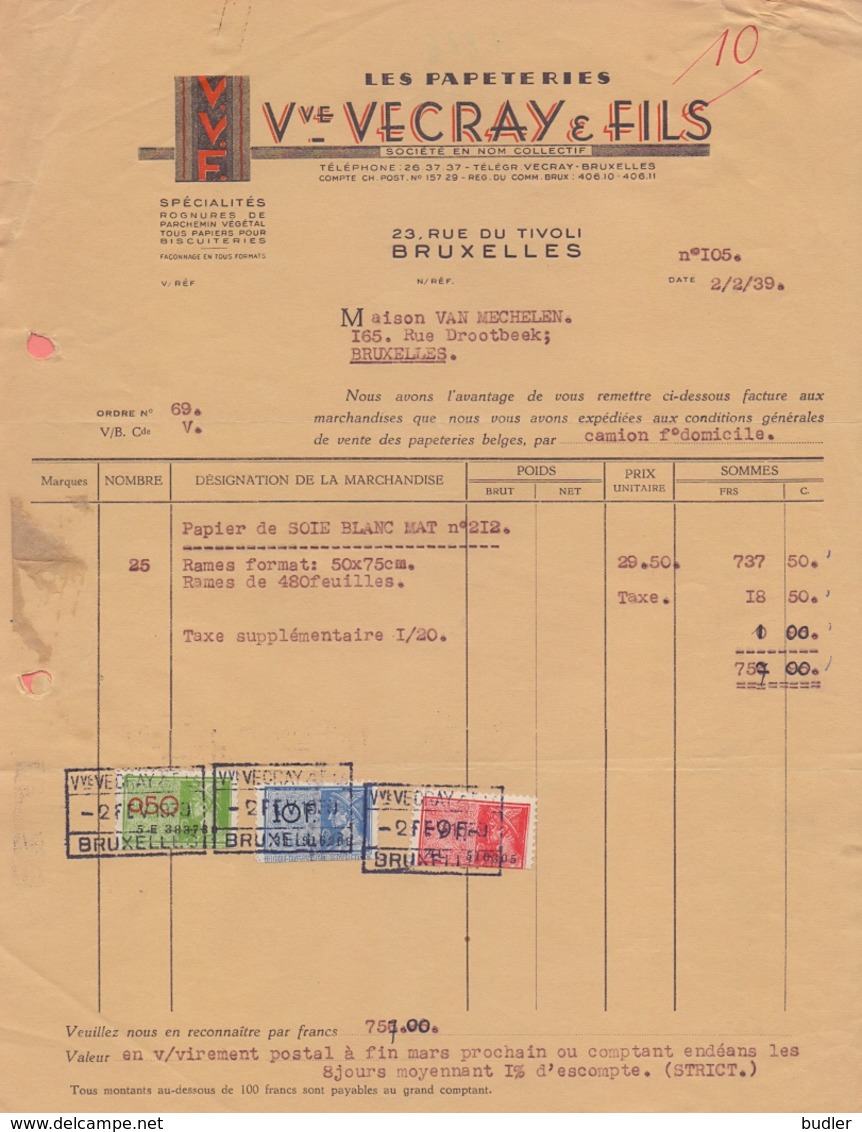 1939: Facture Des ## Les Papeteries Vve VECRAY & Fils, Rue Du TIVOLI, 23, BXL. ##  à ## Maison VAN MECHELEN, Rue ... - Imprimerie & Papeterie