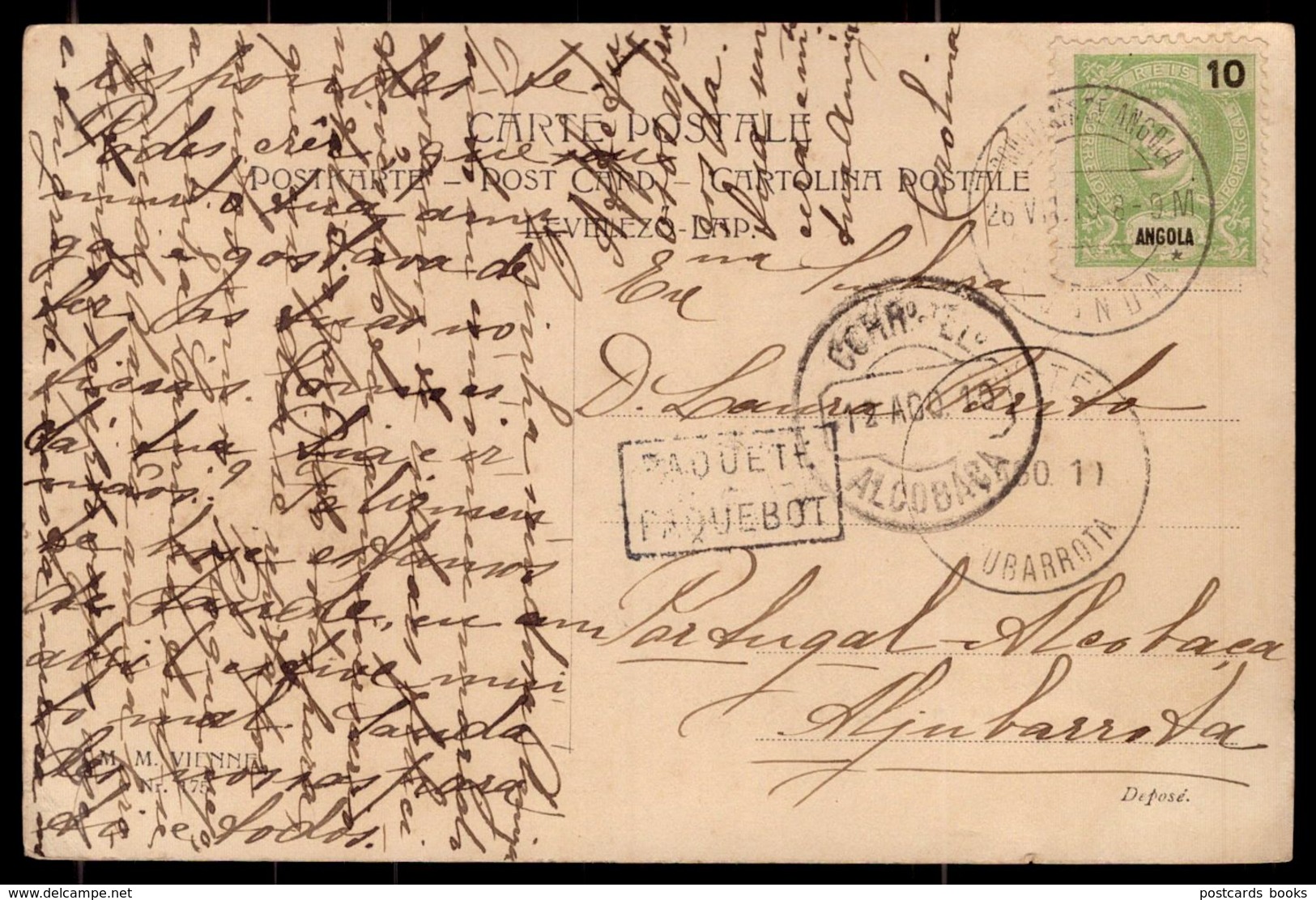 1910 Carte Postale MMVIENNE Poste Maritime PAQUEBOT Timbre Stamp Selo ANGOLA To PORTUGAL (Aljubarrota) Correio Maritimo - Angola