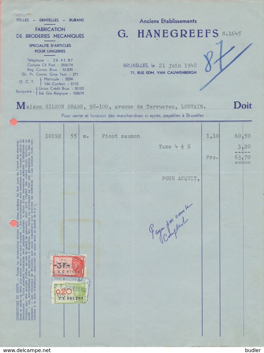 1948: Facture Des ## Anc. Etabls. G. HANEGREEFS, Rue Edm. Van Cauwenbergh, 71, BXL. ## à ## Maison GILSON DRABS, Av. ... - Drukkerij & Papieren