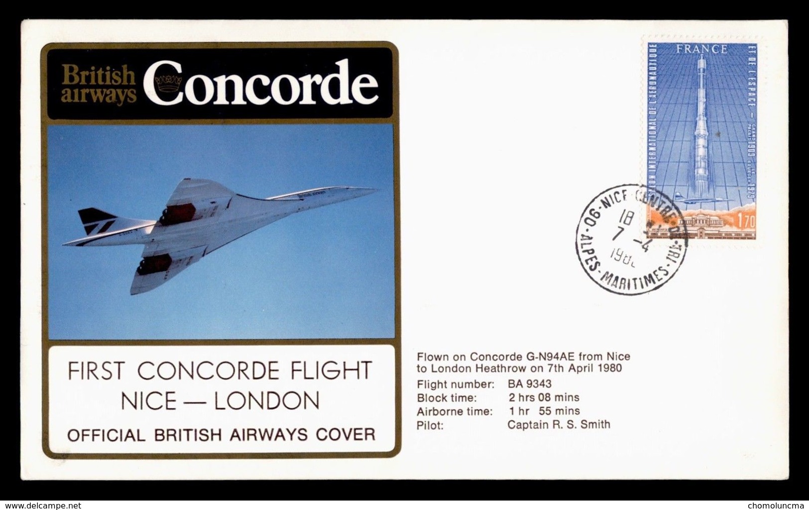 CONCORDE 1980 FIRST FLIGHT NICE - LONDON / LONDRES OFFICIAL BRITISH AIRWAYS COVER PREMIER VOL - Concorde