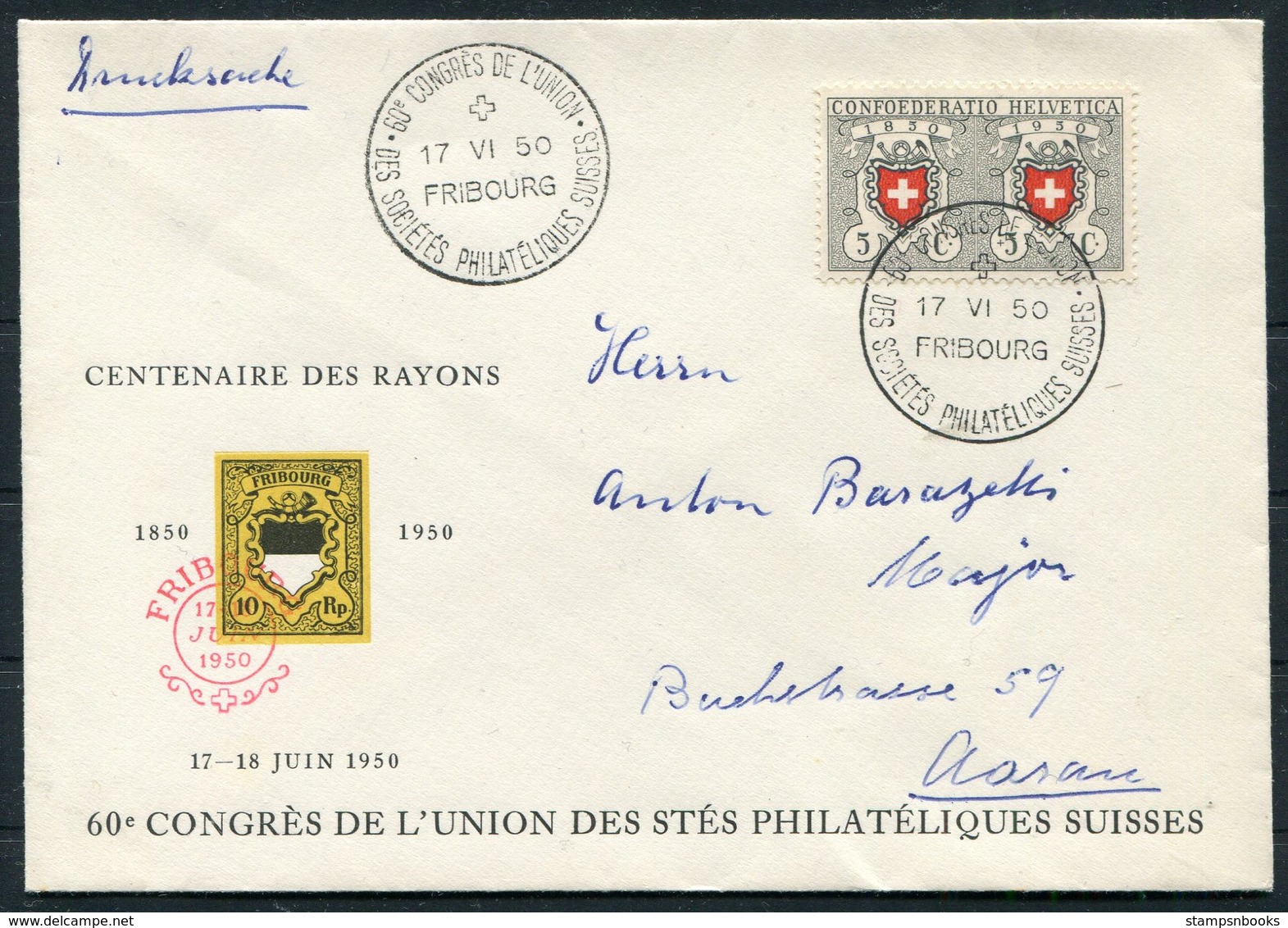 1950 Switzerland Cenenaire Des Rayons. Fribourg Philatelic Congress Cover - Covers & Documents