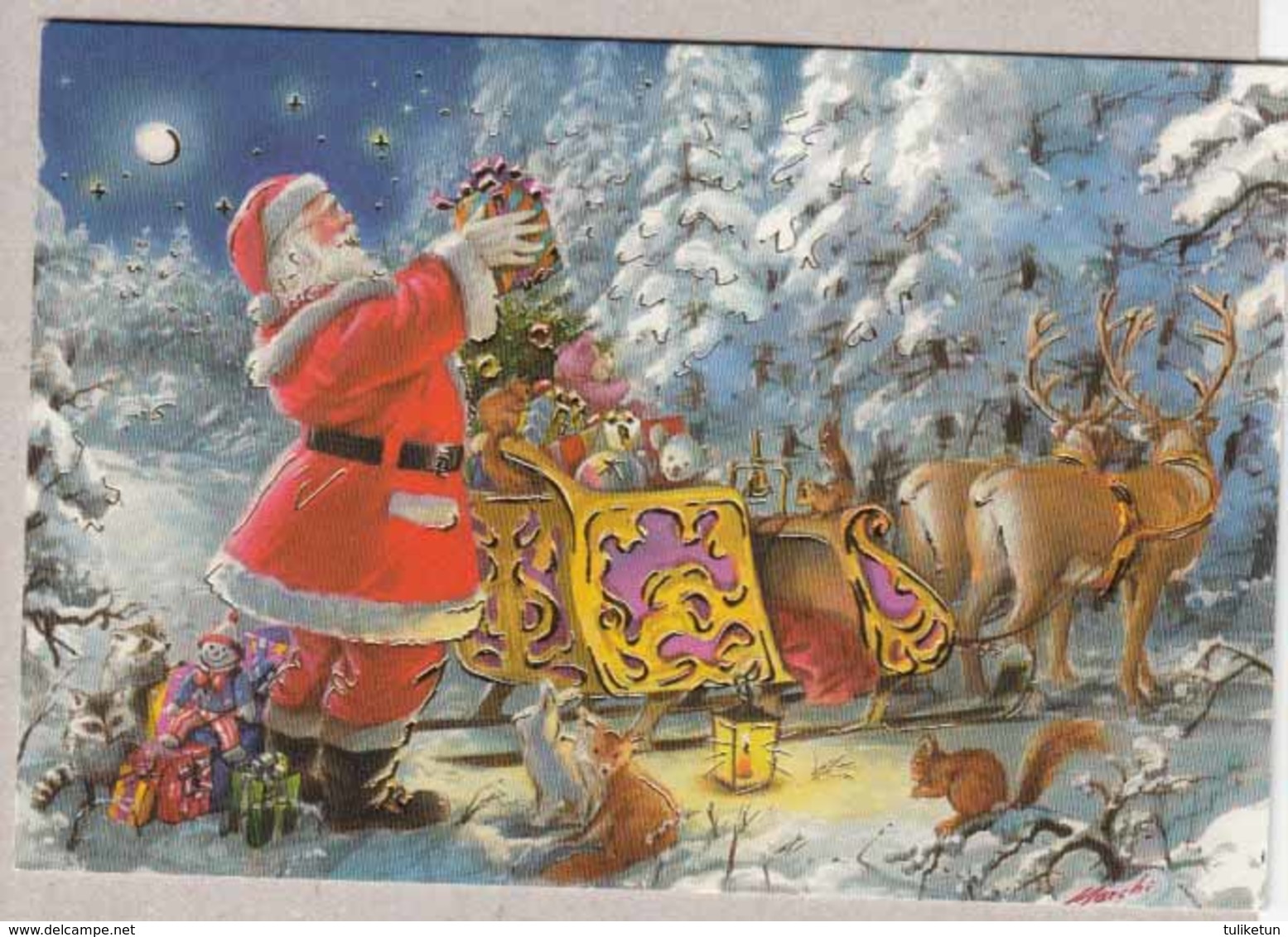 Santa Claus Is Bringing Christmas Presents With Reindeers Sleigh - Double Card - Santa Claus