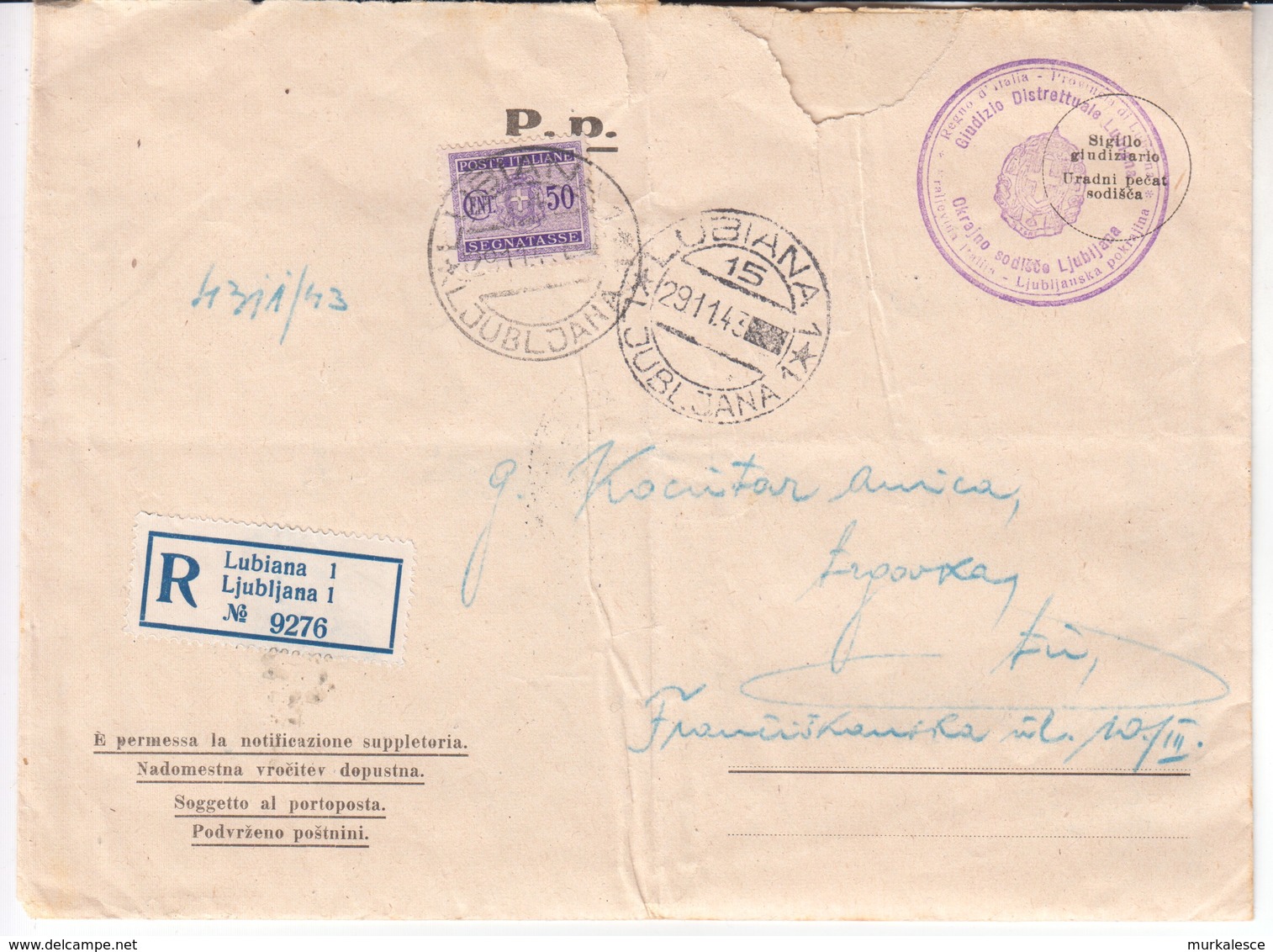 3409  Brief  DEUTSCHE  BESETZUNG  LUBIANA - German Occ.: Lubiana