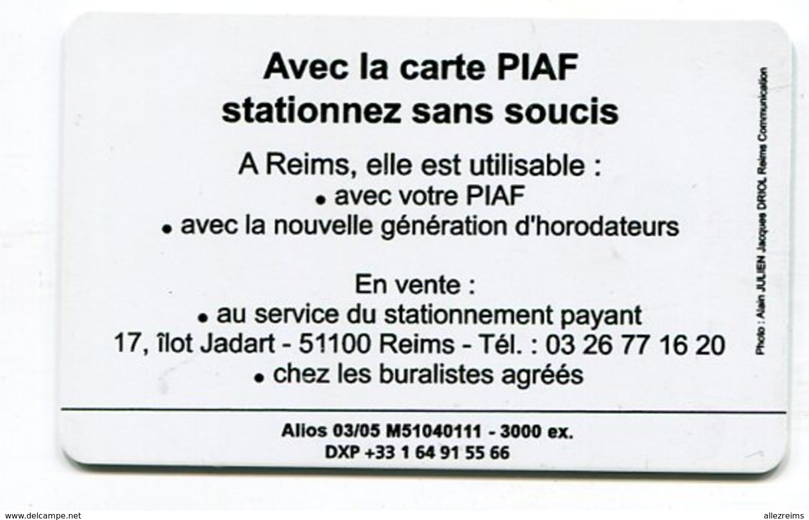 Carte PIAF Reims  Voitures Anciennes 75 Unités        Seulement 3000 Ex - Cartes De Stationnement, PIAF