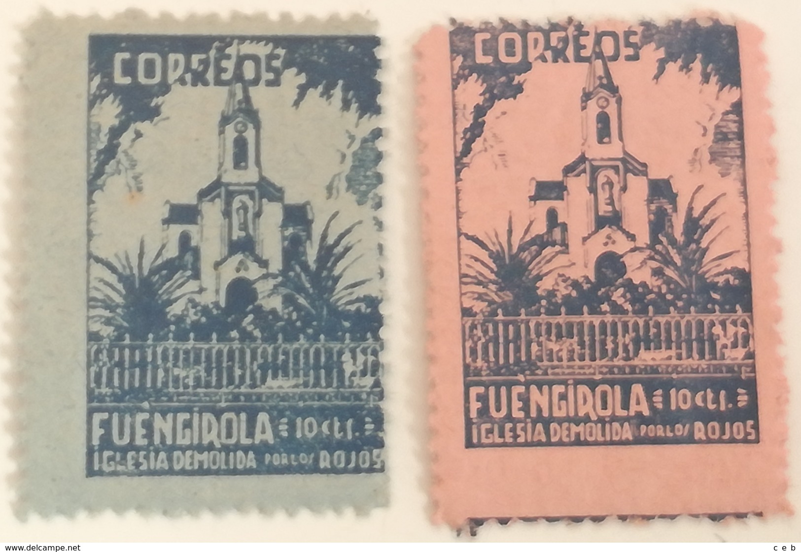 Lote 2 Sellos 10 Céntimos. Fuengirola. Guerra Civil. 1936-39. España. Bando Nacional. Sin Circular. Iglesia Demolida - Nuevos