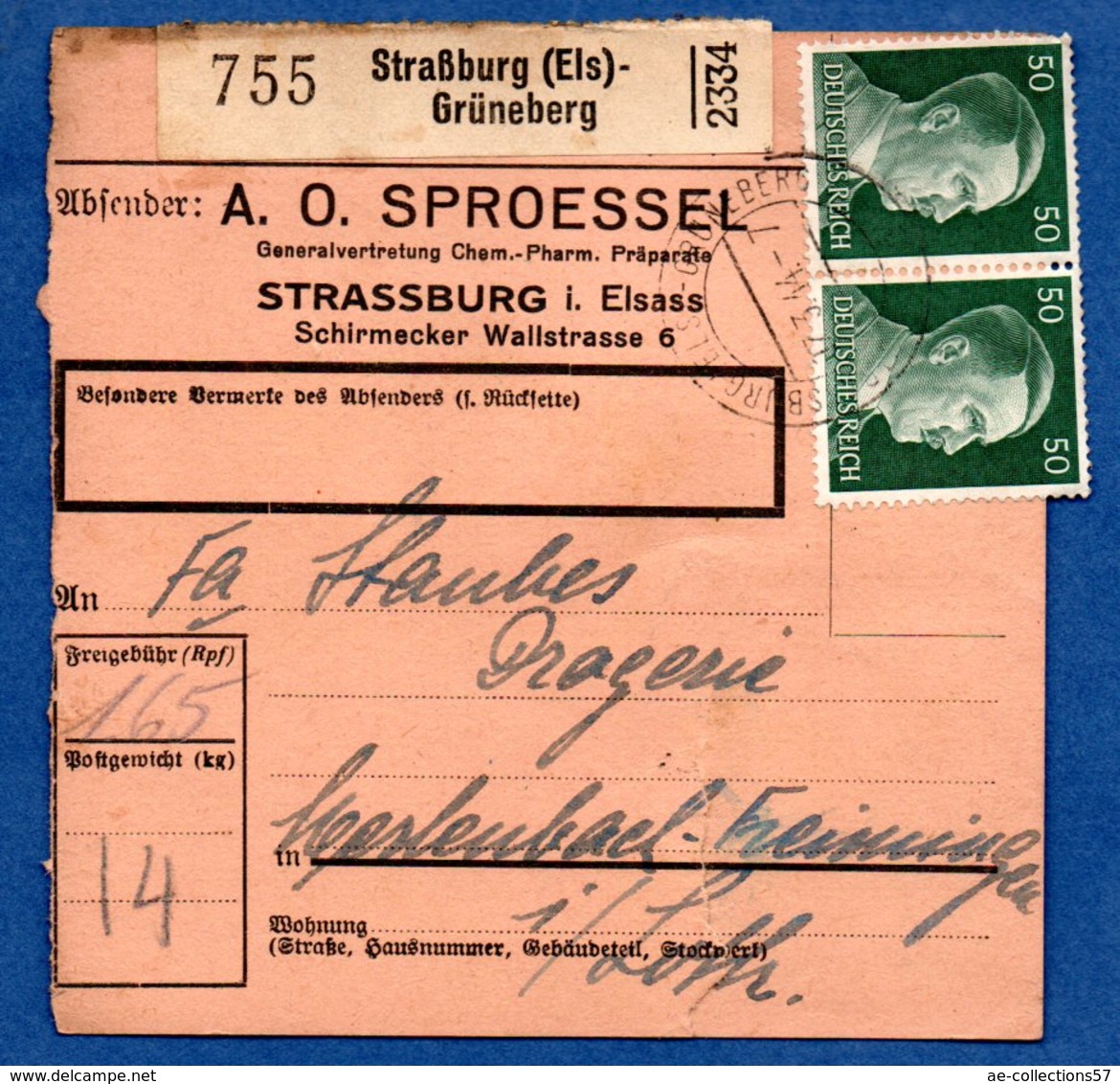 Colis Postal  -  Départ Strasburg - Grüneberg  -  17/3/1944 --déchirure - Lettres & Documents