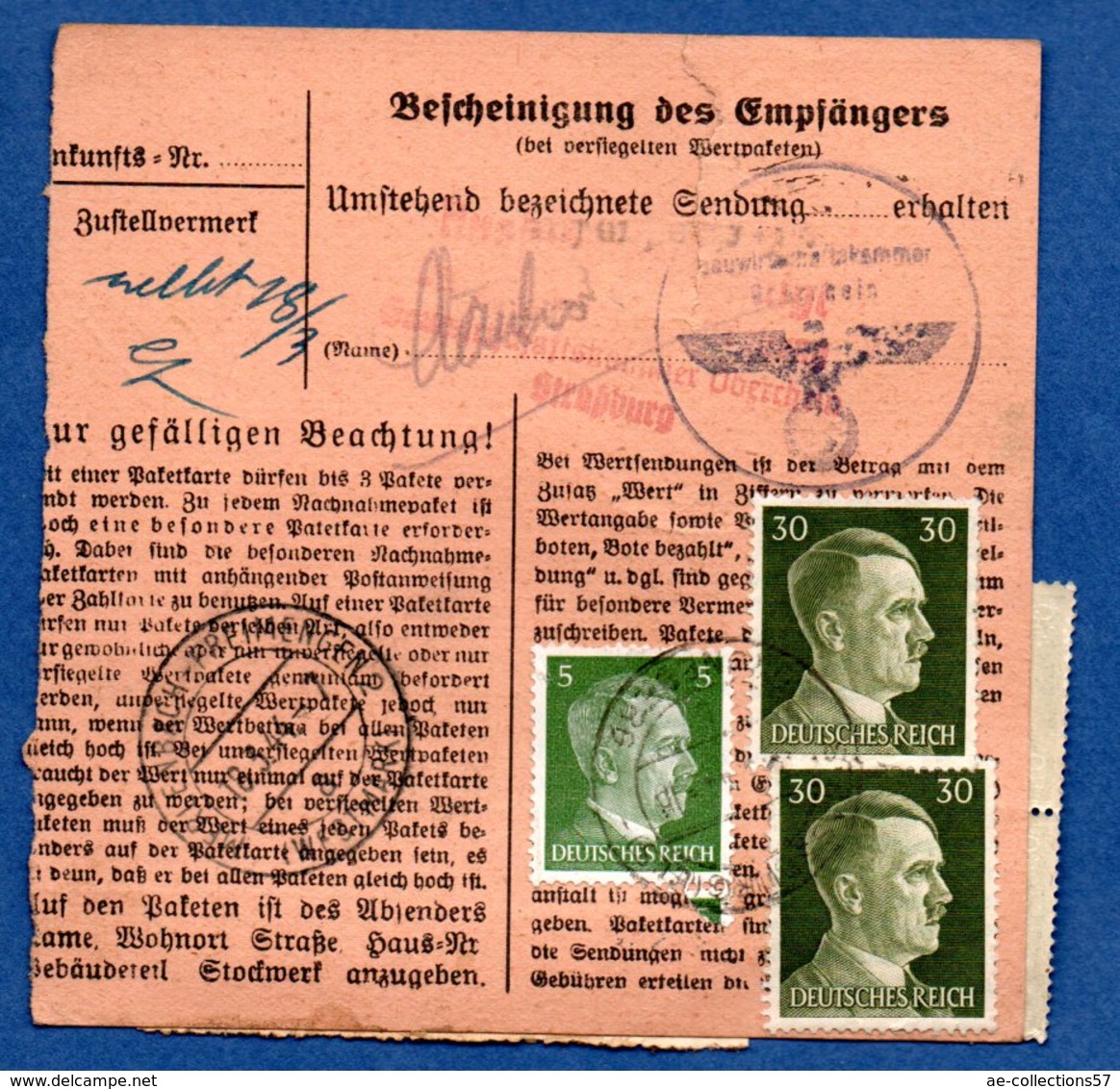 Colis Postal  -  Départ Strasburg - Grüneberg  -  17/3/1944 --déchirure - Lettres & Documents