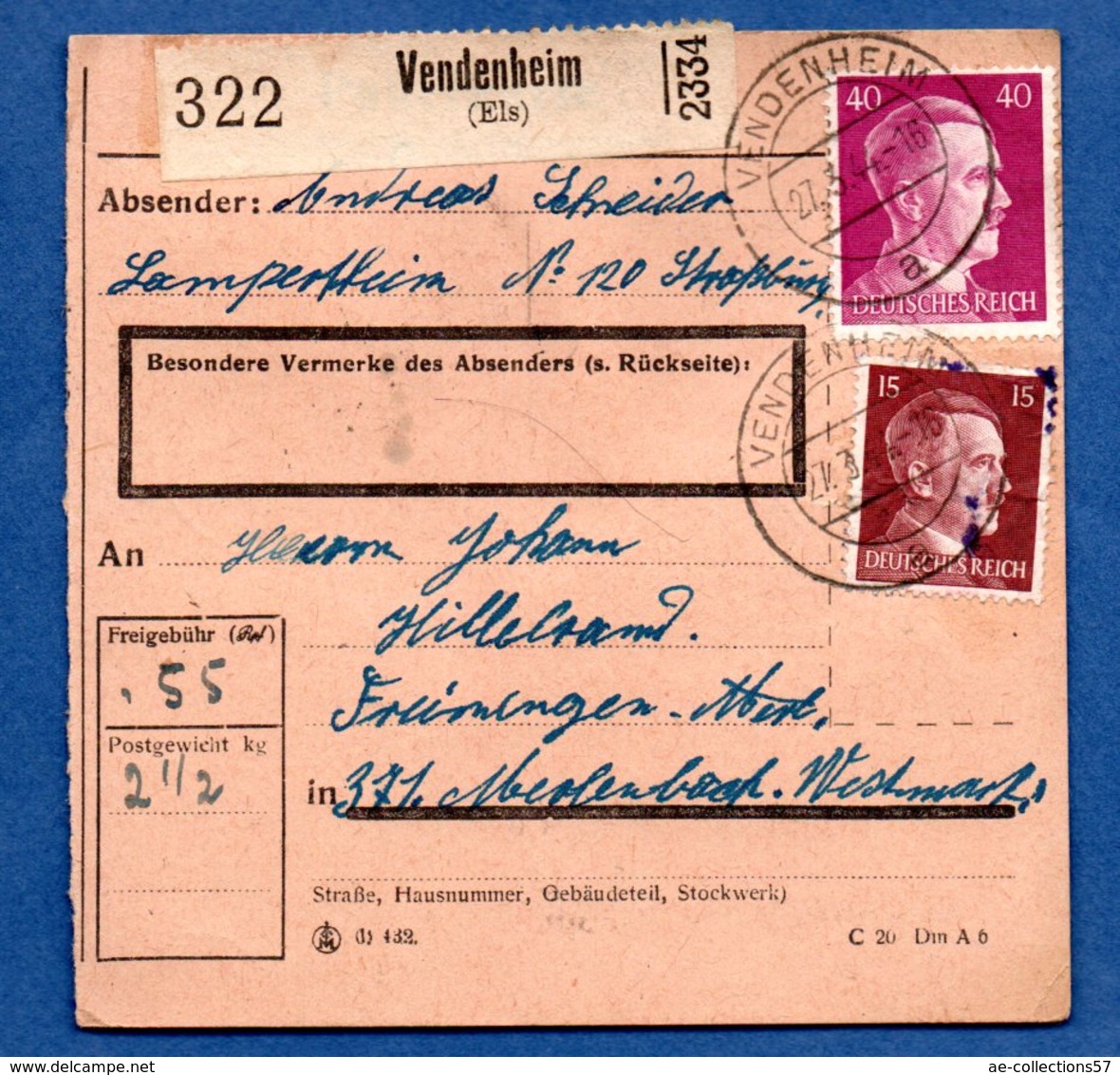 Colis Postal  -  Départ Vendenheim -  27/3/1944 -- - Lettres & Documents