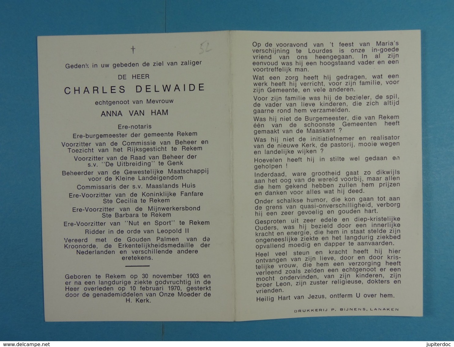 Charles Delwaide Ere-Burgemeester Rekem 1903 1970 - Devotion Images