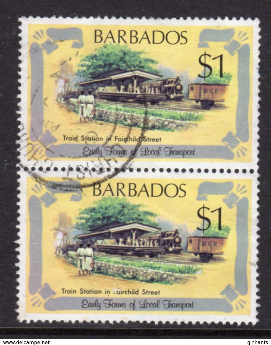 BARBADOS - 1981 $1 TRANSPORT RAILWAY STATION FINE USED VERTICAL PAIR SG 669 X 2 - Barbados (1966-...)