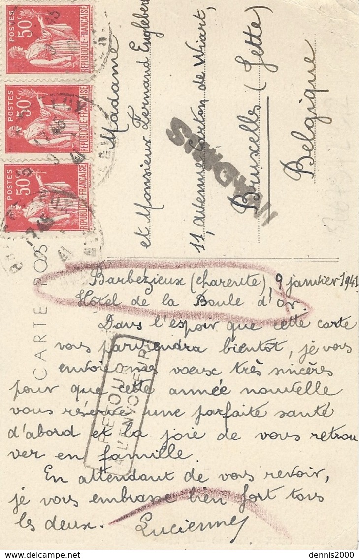 9 Janv. 1941 - C P A De Barbezieux ( Charente) Affr. 1,50 F Paix Pour La Belgique Avec Retour - INADMIS  + - WW II