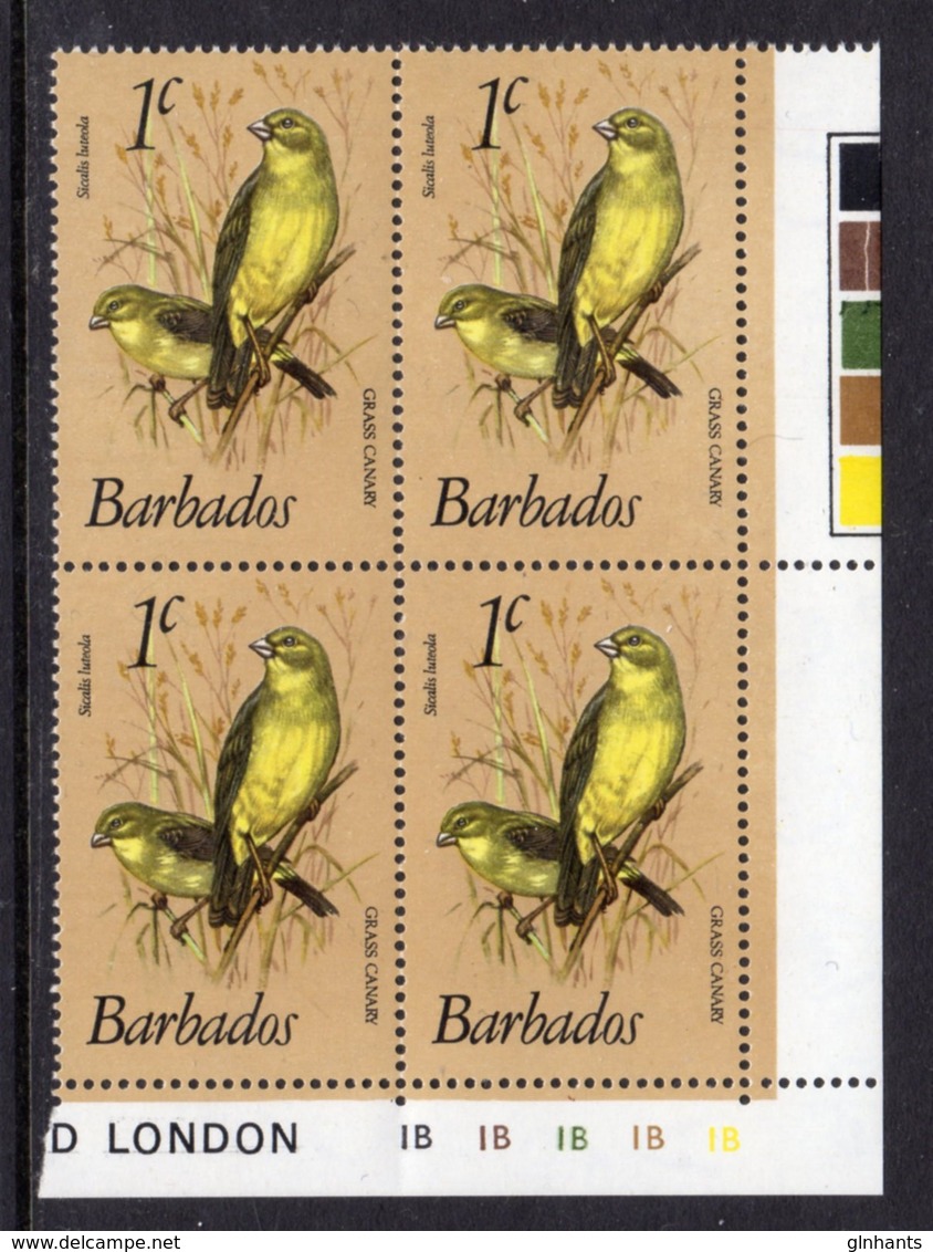 BARBADOS - 1979 1c FINCH BIRD COLOUR CONTROL PLATE BLOCK OF 4 WMK W14 S/W CROWN TO RIGHT OF CA MNH ** SG 622 X 4 - Barbados (1966-...)