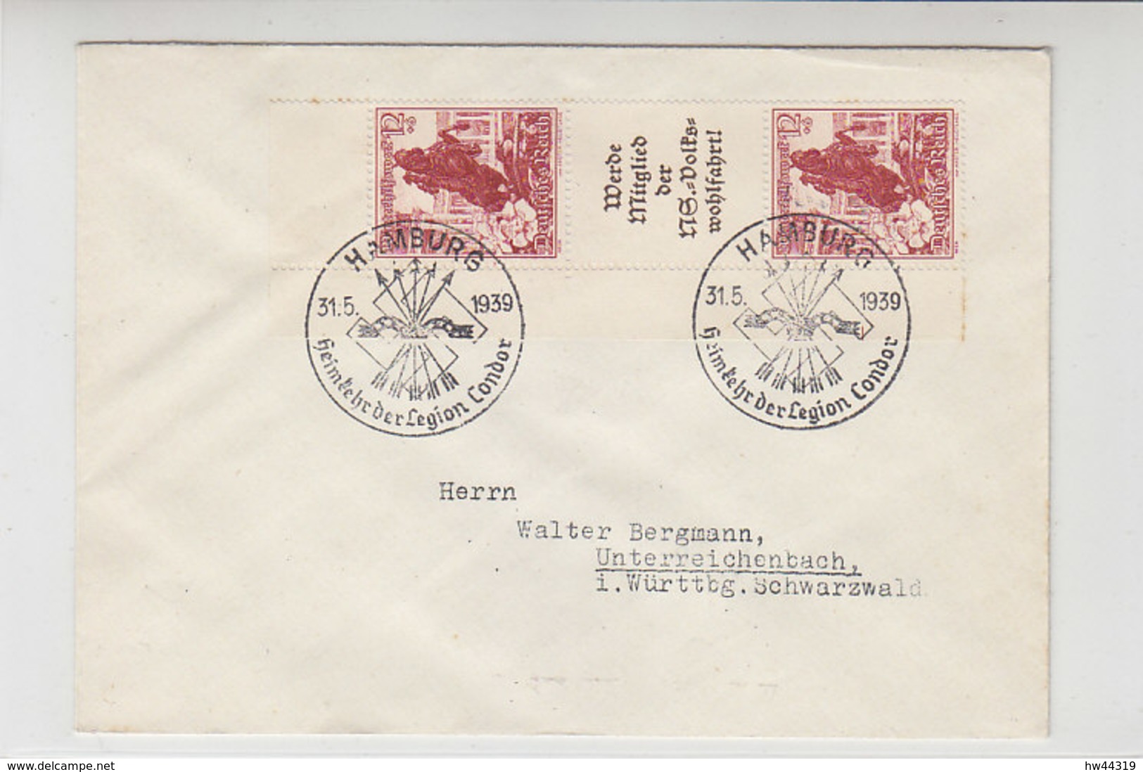 Brief Mit S 254 Randstück Aus HAMBURG 31.5.39 Heimkehr Der Legion Condor SST - Briefe U. Dokumente