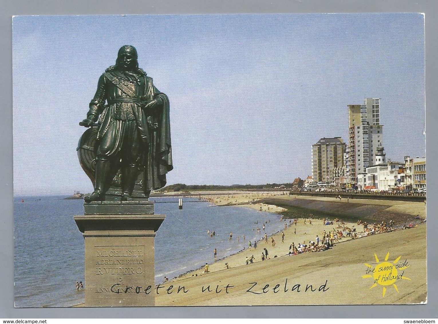 NL.- GROETEN UIT ZEELAND. Standbeeld Michiel Adrianszoon De Ruyter. Strand. Vlissingen - Gruss Aus.../ Gruesse Aus...