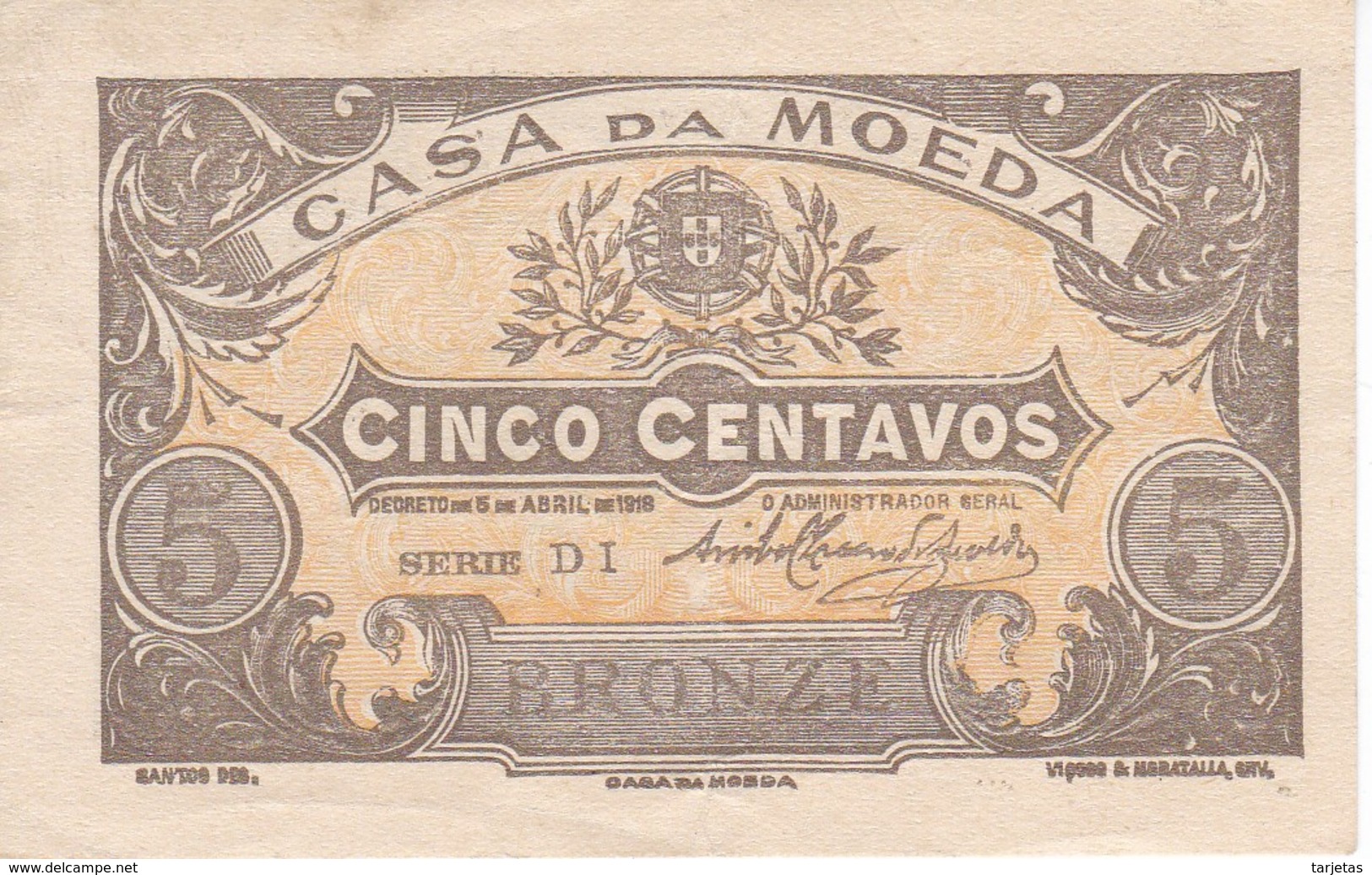 BILLETE DE PORTUGAL DE 5 CENTAVOS BRONZE DEL AÑO 1918  (BANKNOTE) - Portugal