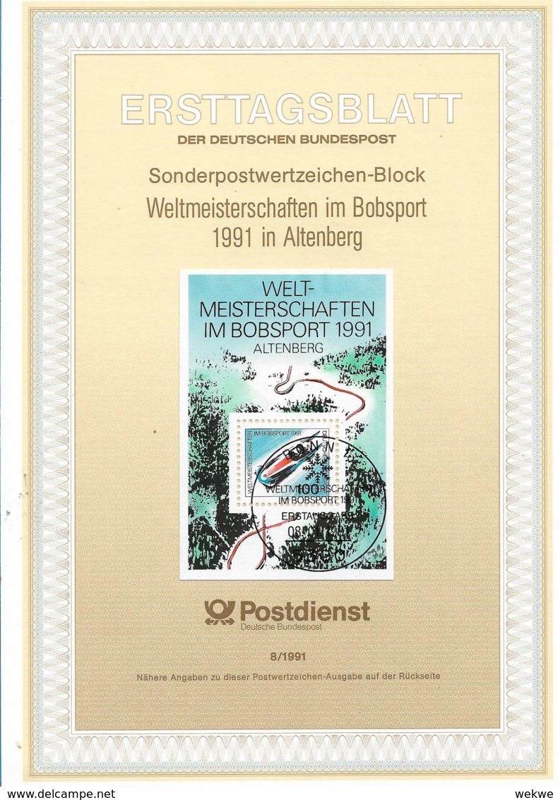 BundXX105 / Weltmeisterschaften Bobsport, 1991 Ersttagsblatt (mit Block) - Brieven En Documenten