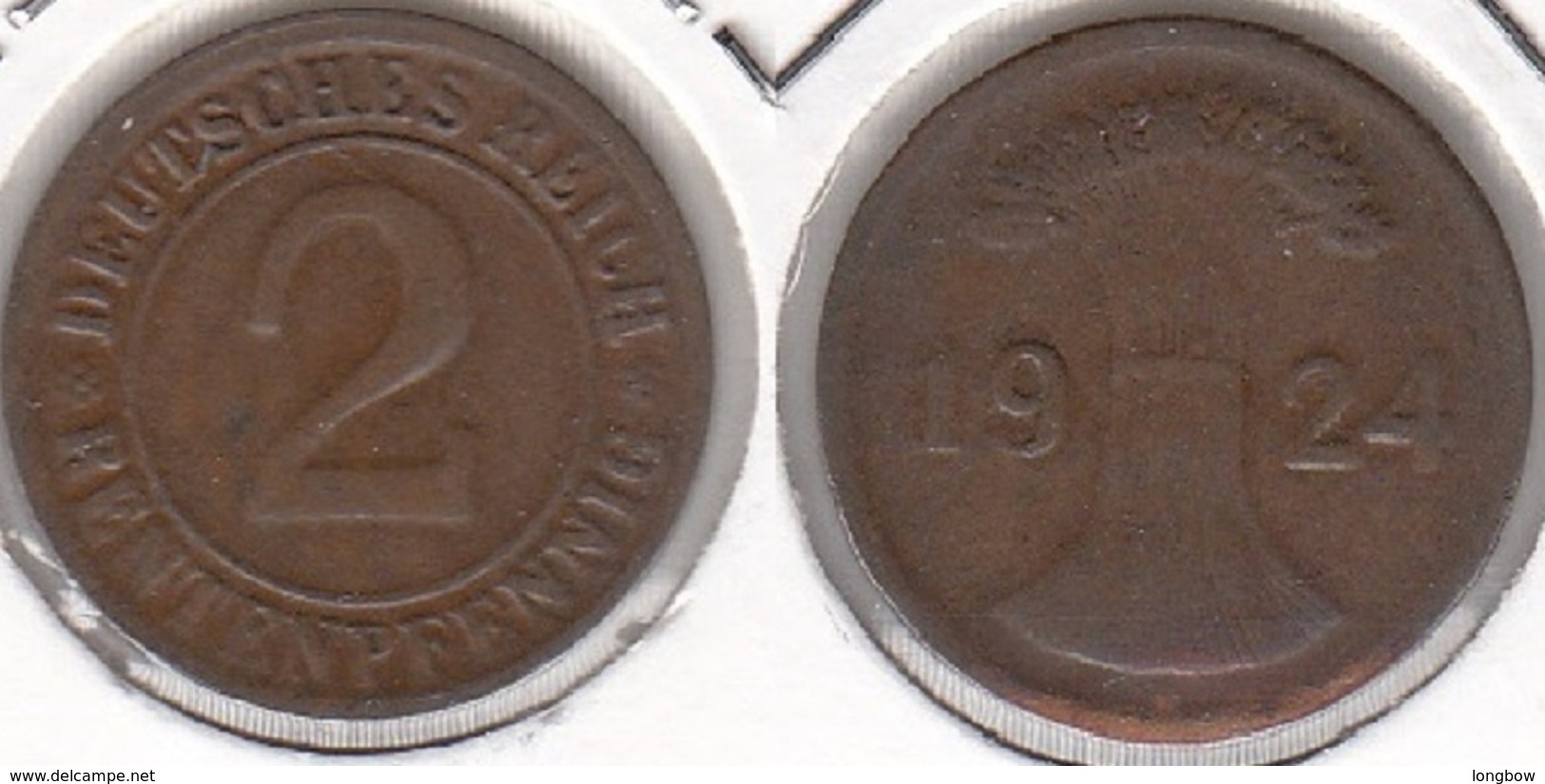 Germania 2 Rentenpfennig 1924 KM#31 - Used - 2 Rentenpfennig & 2 Reichspfennig