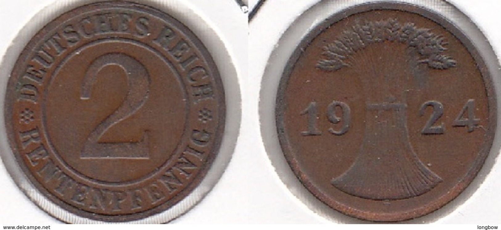 Germania 2 Rentenpfennig 1924 F KM#31 - Used - 2 Rentenpfennig & 2 Reichspfennig