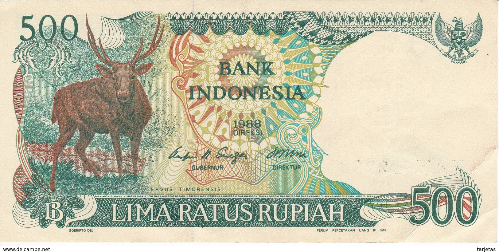 BILLETE DE INDONESIA DE 500 RUPIAH DEL AÑO 1988 EN CALIDAD EBC (XF)  (BANKNOTE) CIERVO-DEER - Indonesia