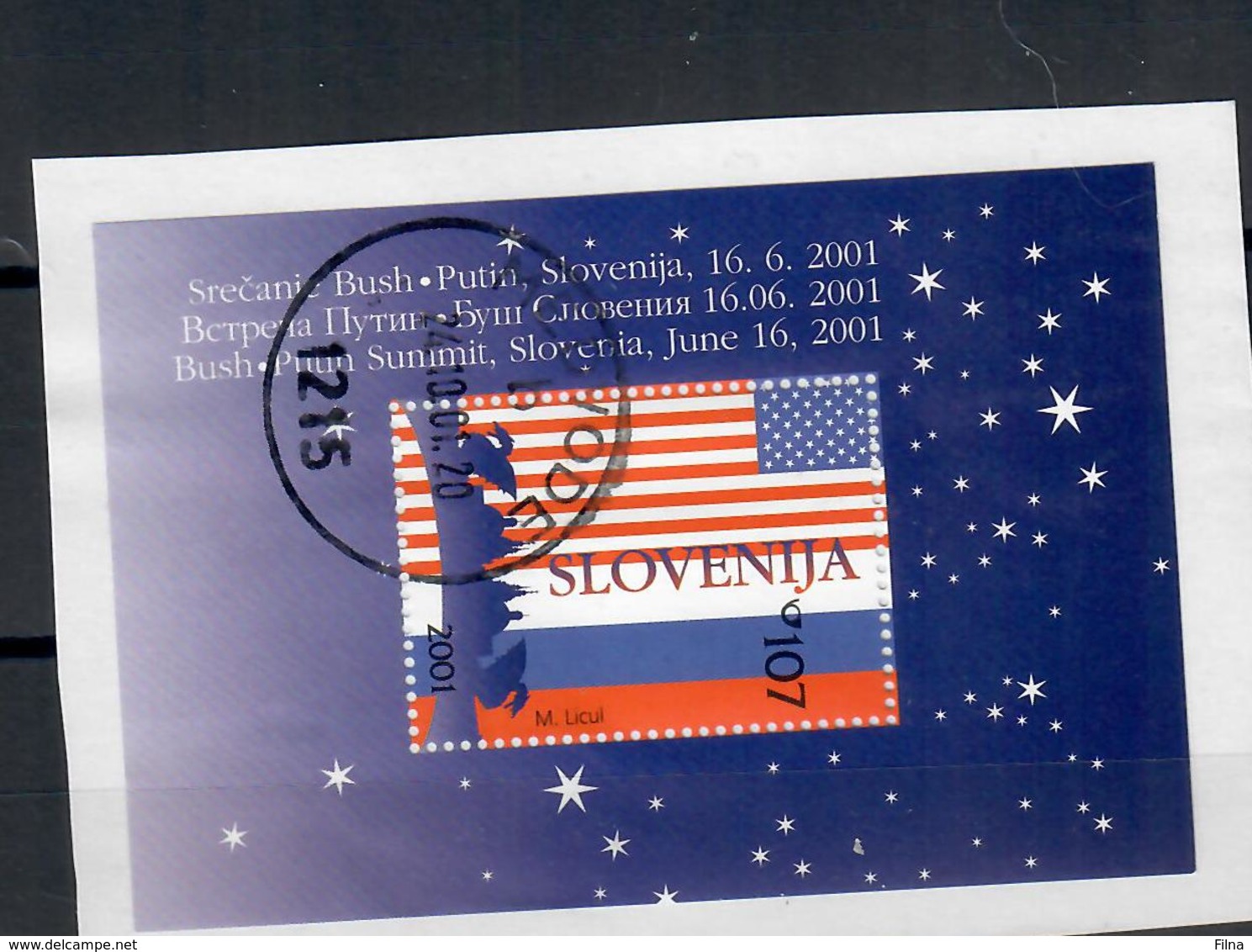 SLOVENIA 2001 -  SUMMIT AMERICANO RUSSO  - FOGLIETTO USATO SU FRAMMENTO - Slovenia
